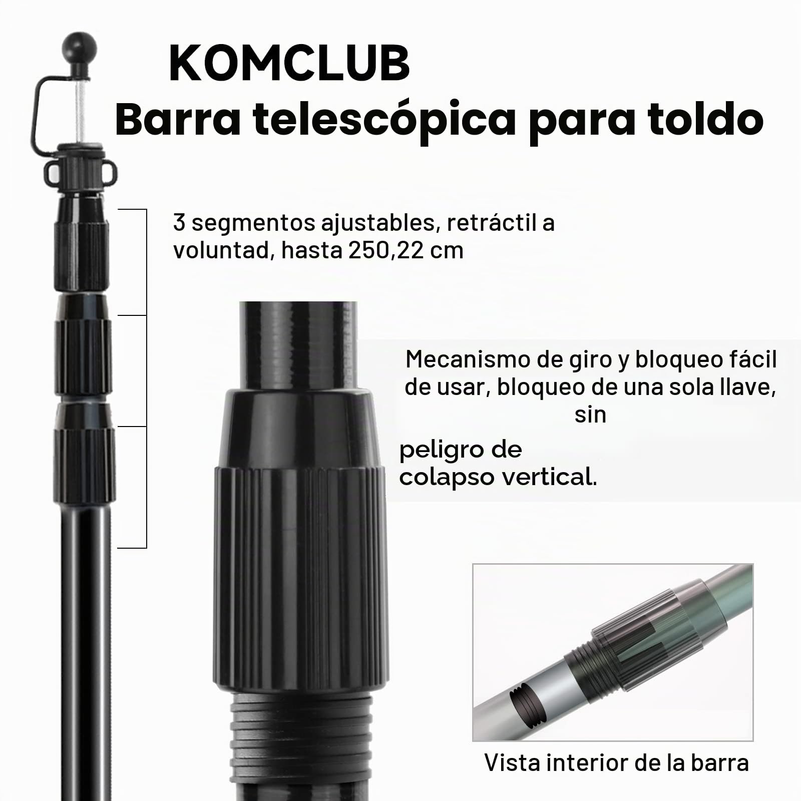 KOMCLUB Juego de 2 barras telescópicas para tiendas de campaña, de aluminio, 85 – 250 cm, ajustable, ultraligeras, barras telescópicas para toldos, tiendas de campaña, lonas de camping
