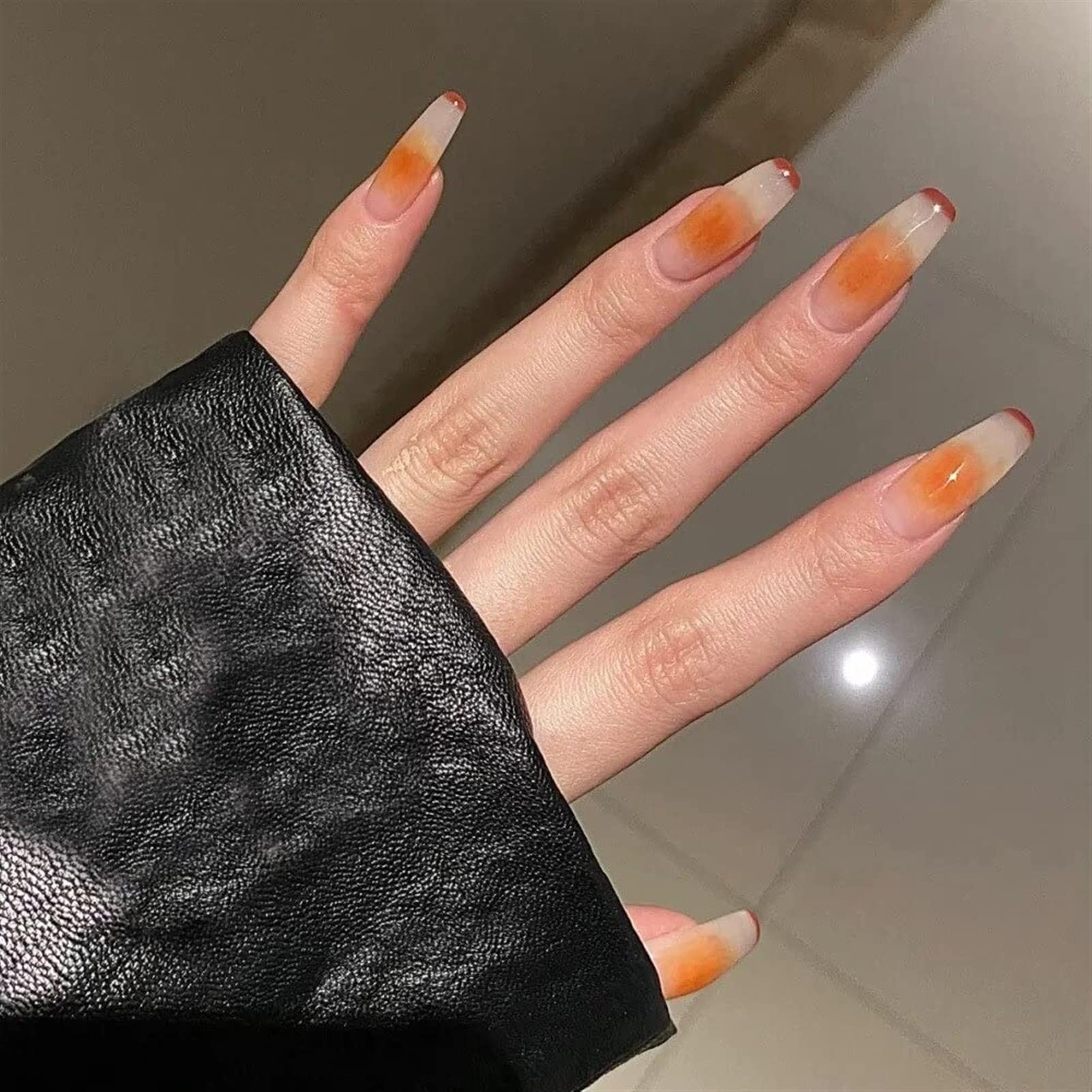 24PCS Primavera Estate Dolce Unghie Finte Lungo Semplice Arancione Francese Unghie Finte Premere Sulle Unghie Indossabile Unghia Finita Unghie Finte Extra Lunghe