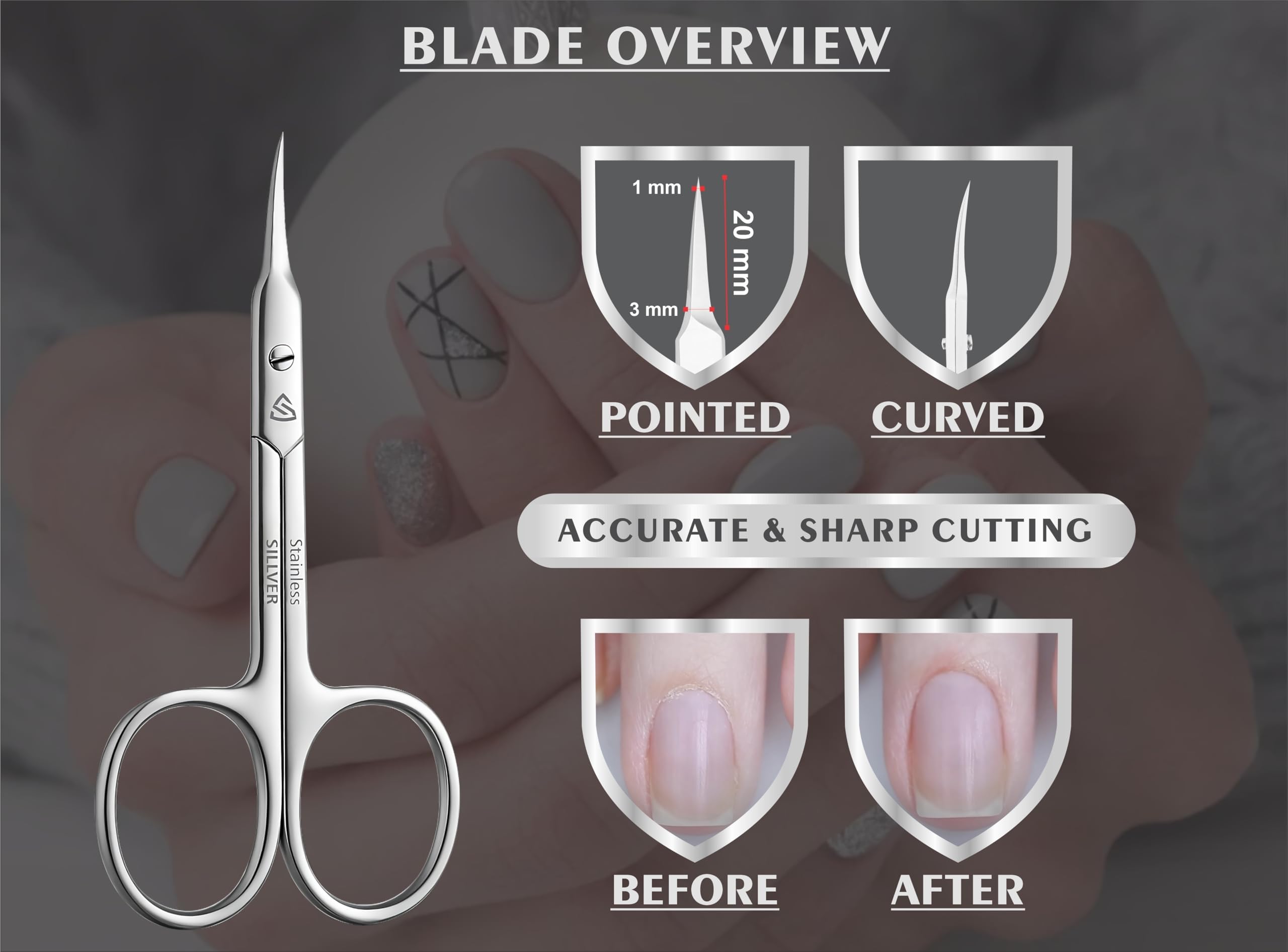 Tijeras para cutículas, hoja curvada, punta extrafina, tijeras de manicura profesional, tijeras de aseo para cutículas, barba, nariz, pelo, pestañas, bigote, tijeras de cejas