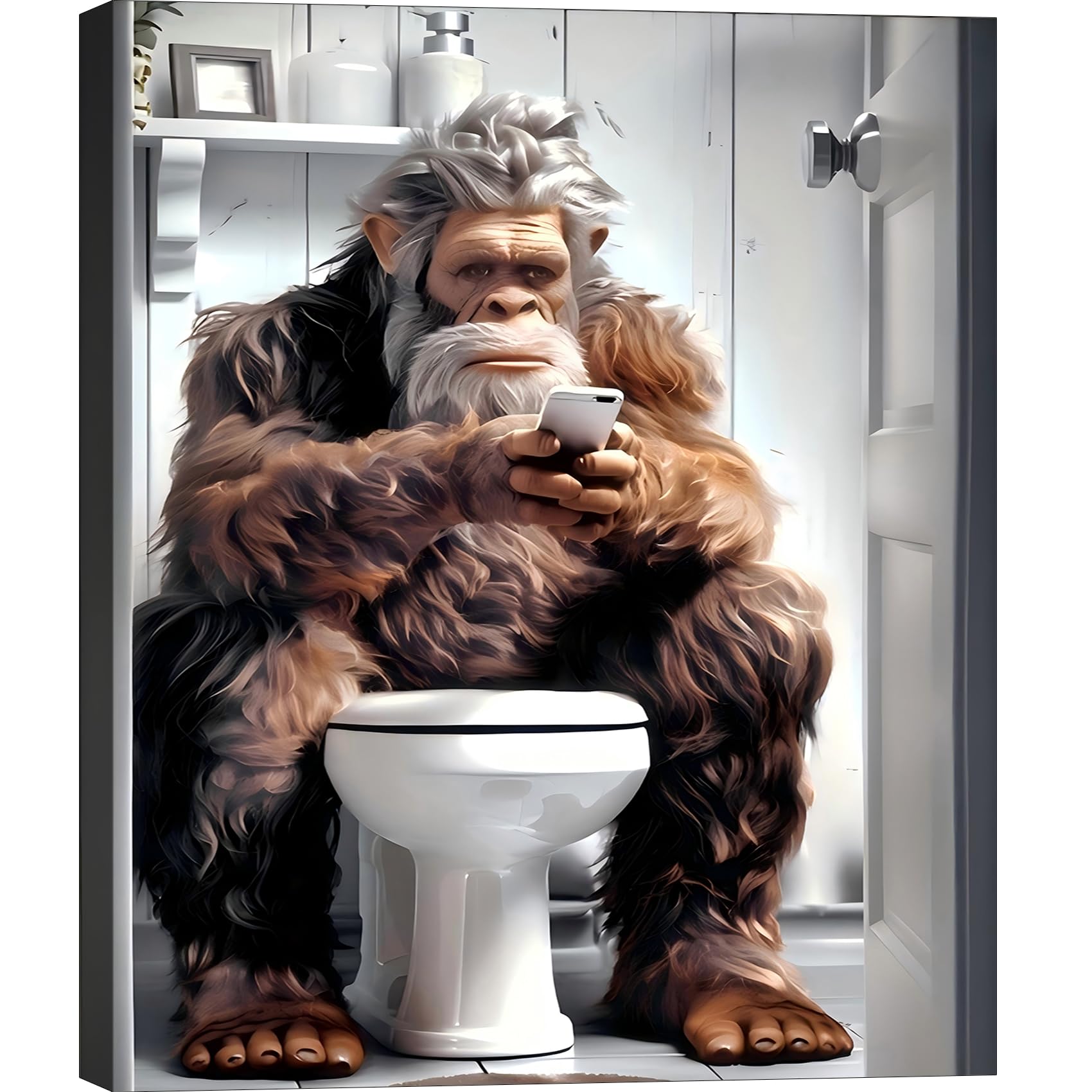 Funny Bathroom Decor Wall Art, Gorilla Sitting on Toilet Canvas Art Prints, Framed Wall Decor Signs for Men Teenager Bathroom, Rustic Animal Pictures