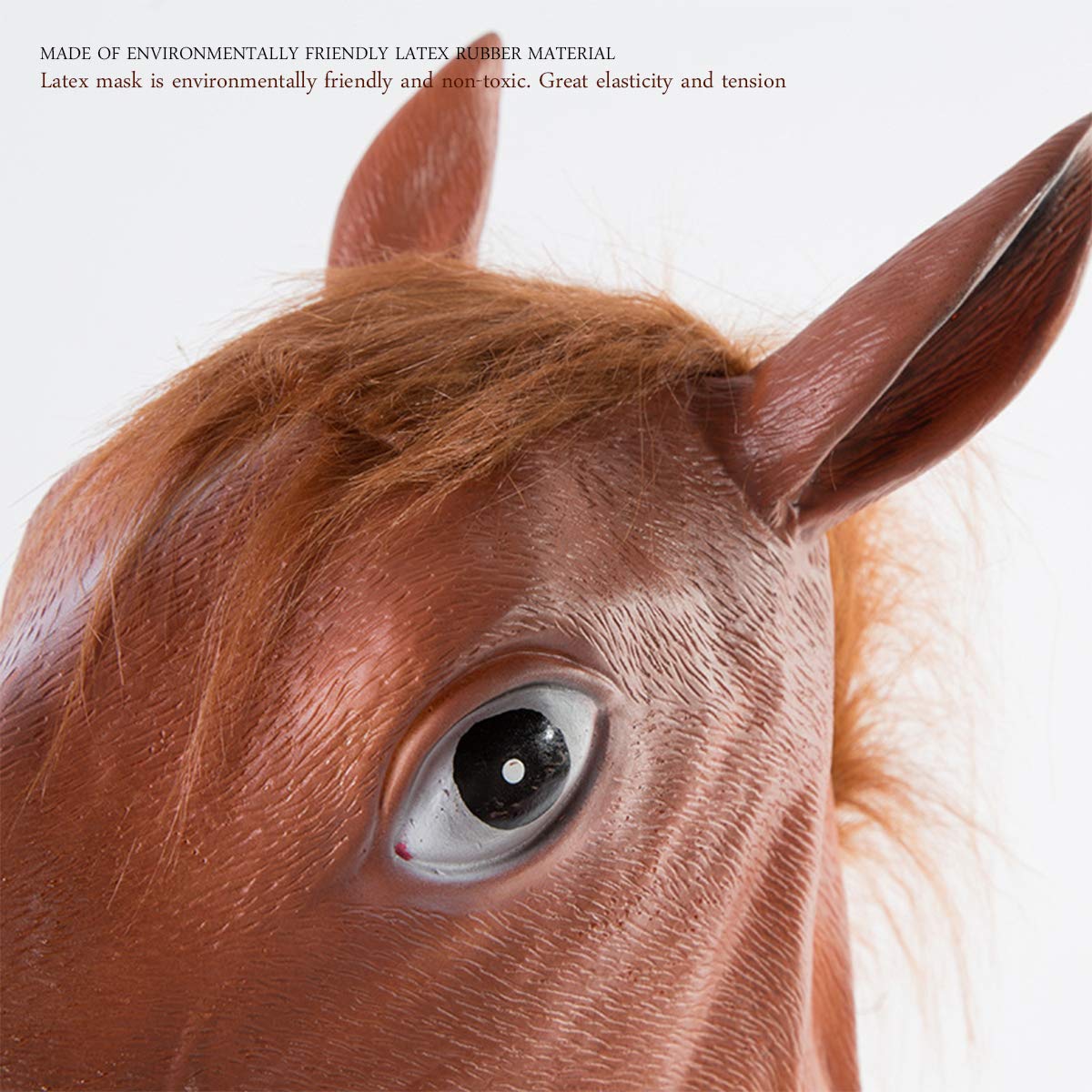 shenruifa Horse Head Mask, Funny Latex Animal Mask for Halloween Cosplay Brown Horse Head Mask with Ears, Eyes, Nose - Image 4