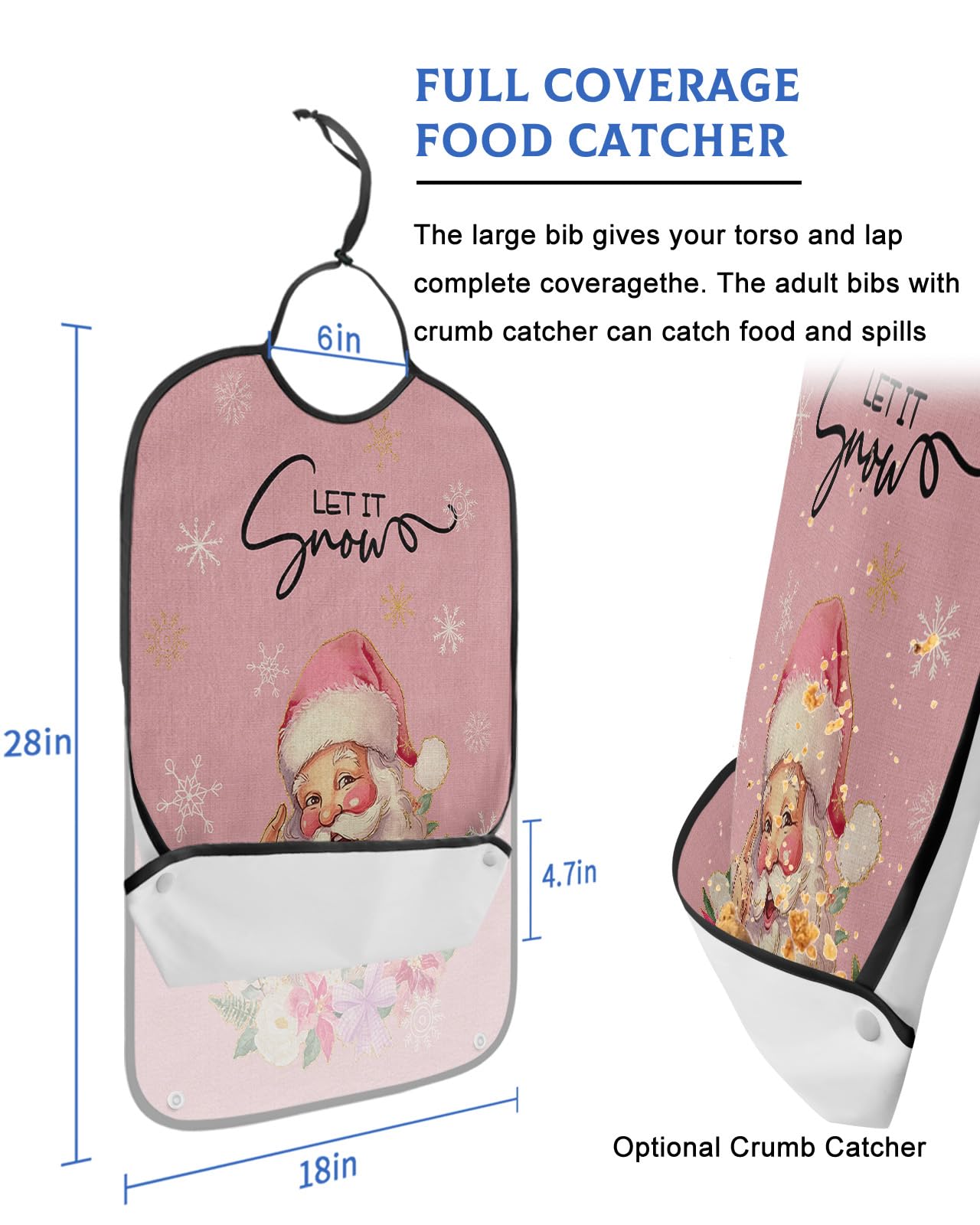 Pink Christmas Adult Bibs for Eating, Waterproof Bibs with Food Catcher & Adjustable Snap Closure, Santa Winter Snowflake Botanical Rustic Washable Clothing Protectors Adult Bibs for Elderly Women/Men