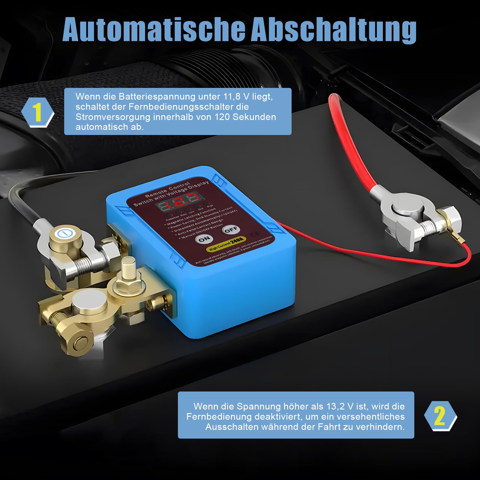 Bezprzewodowy pilot zdalnego sterowania do samochodu, izolator 12 V/24 V, odłącznik akumulatora 240 A, wyłącznik zabezpieczający przed kradzieżą, automatyczne wyłączanie akumulatora (ulepszony