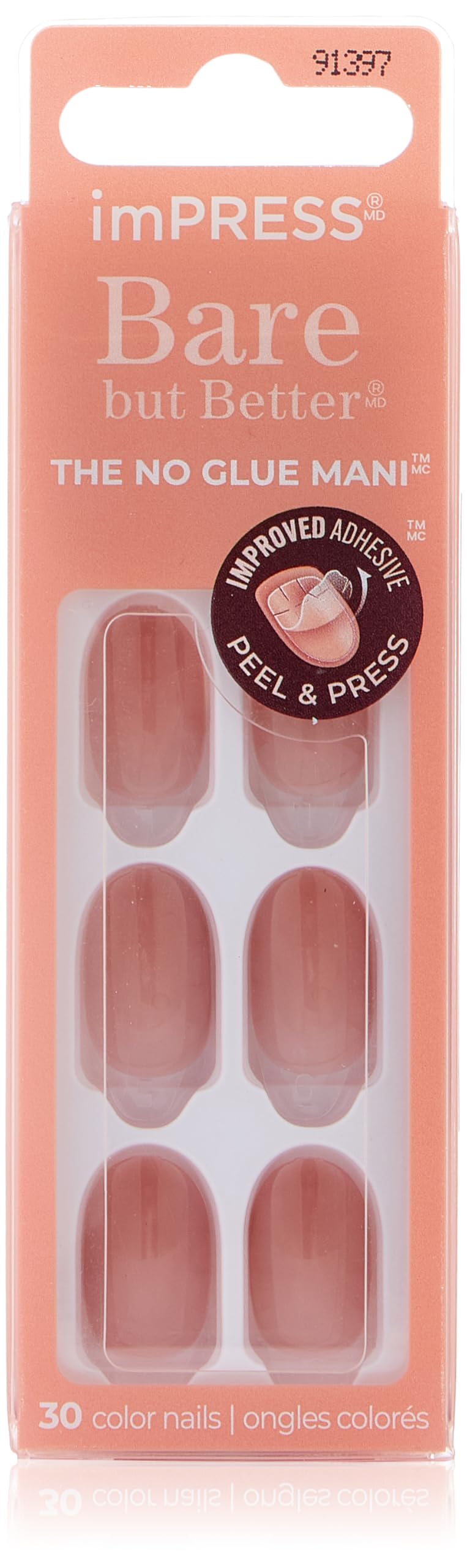 KISS imPRESS Color Bare But Better 'Charmer' – False Nails – 30 Pieces – Self Adhesive Nude False Nails, 30 Pieces, Instant Manicure Without Glue, Natural Effect with Almond Shape, Hold Up to 10 Days