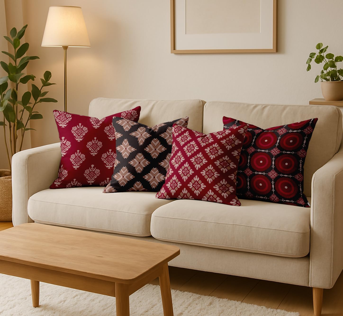 Set of 4 16x16 Inch Pillow Covers - 100% Cotton, Decorative Geometric Print, Double-Sided Print with Concealed Zipper - Filler Not Included - Crimson