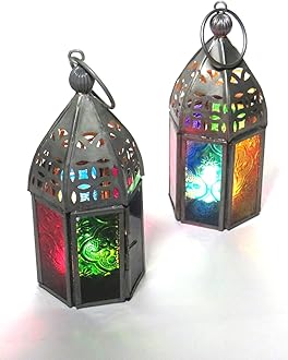 Purity Set of 2 Moroccan Style Mini Lantern Tealight holders with multi-coloured glass