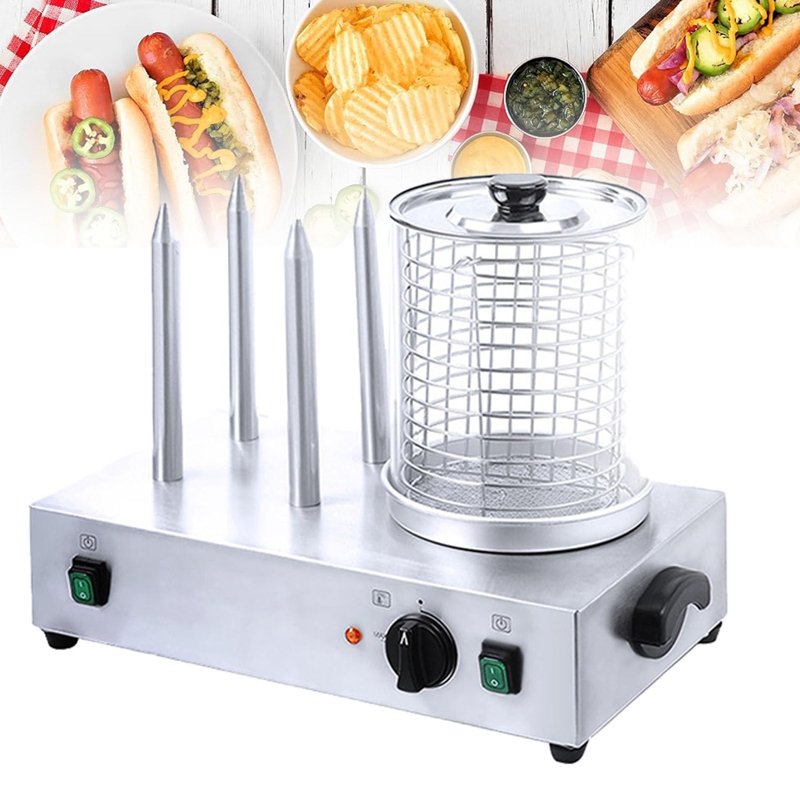 2 en 1 máquina de perros calientes y máquina de calentador de moño, vapor de hot dog eléctrico de acero inoxidable máquina de perros calientes y máquina de calentador con control de temperatura