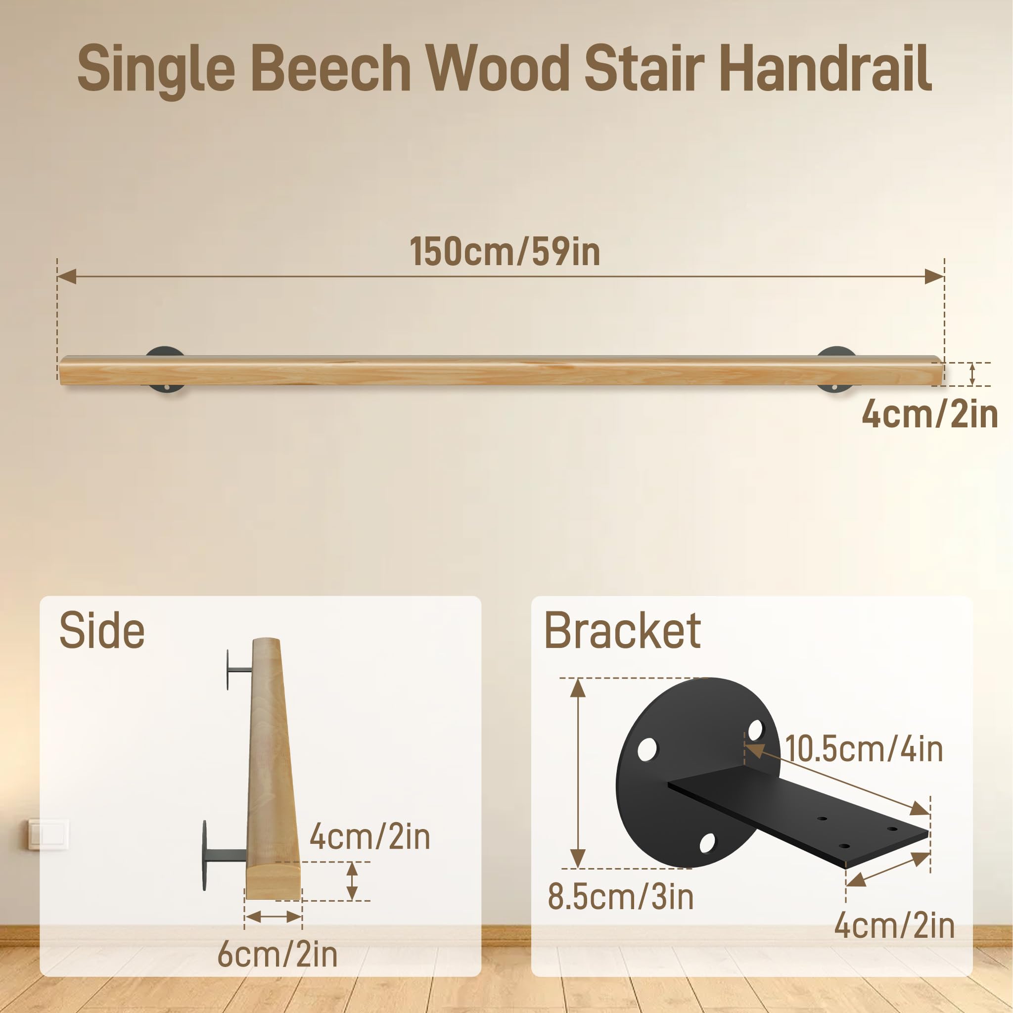 FIVMEN Handlauf Holz 150cm Buche Geländer mit Wandhalterung Schrauben