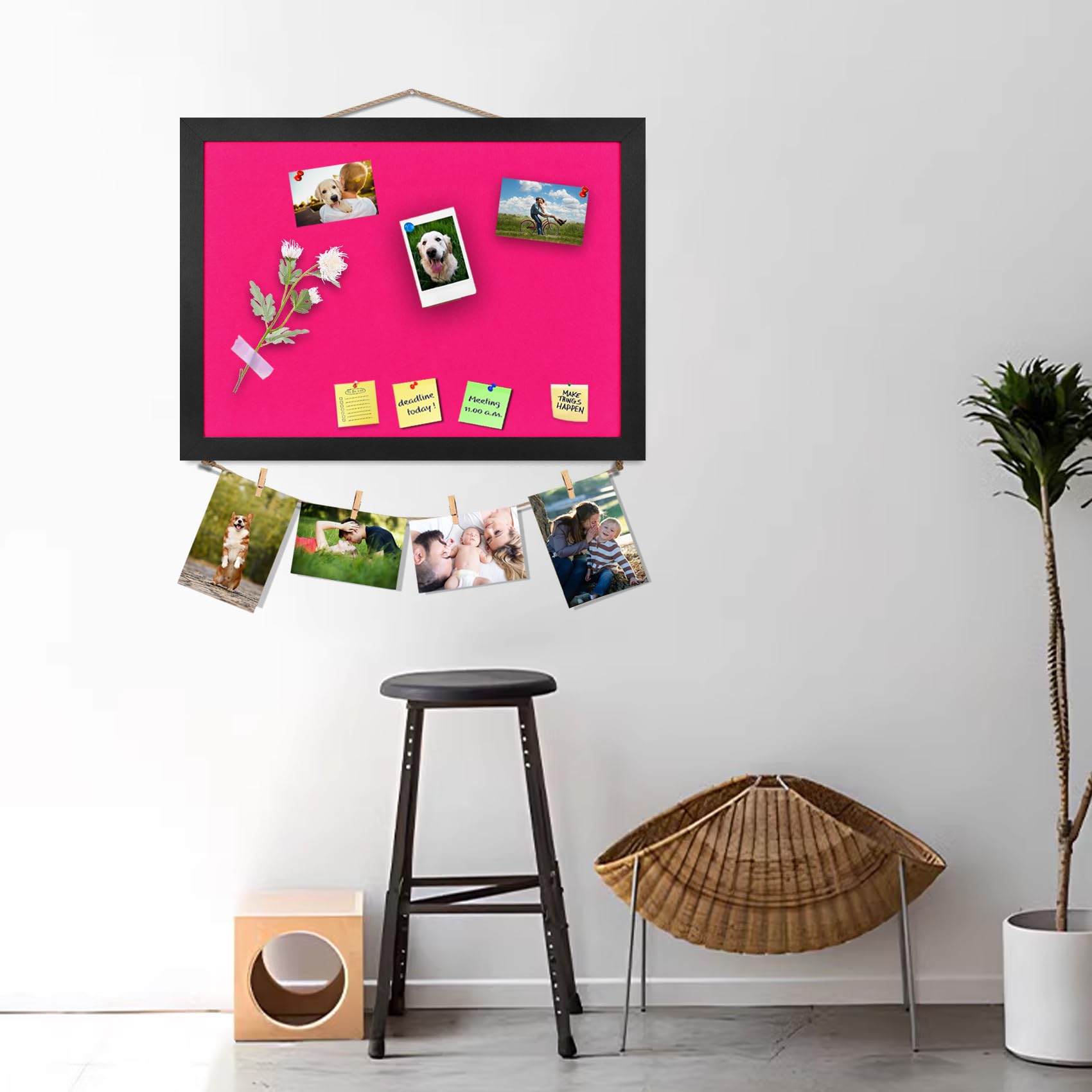 Pink Bulletin Boards Cork Board with Felt, 38x28CM Small Display Pin Board Vision Board for Walls, Jewelry, Notes, Collection, Photos, Office, Wood Framed(Black) & Felt(Pink), 1pc - Image 4