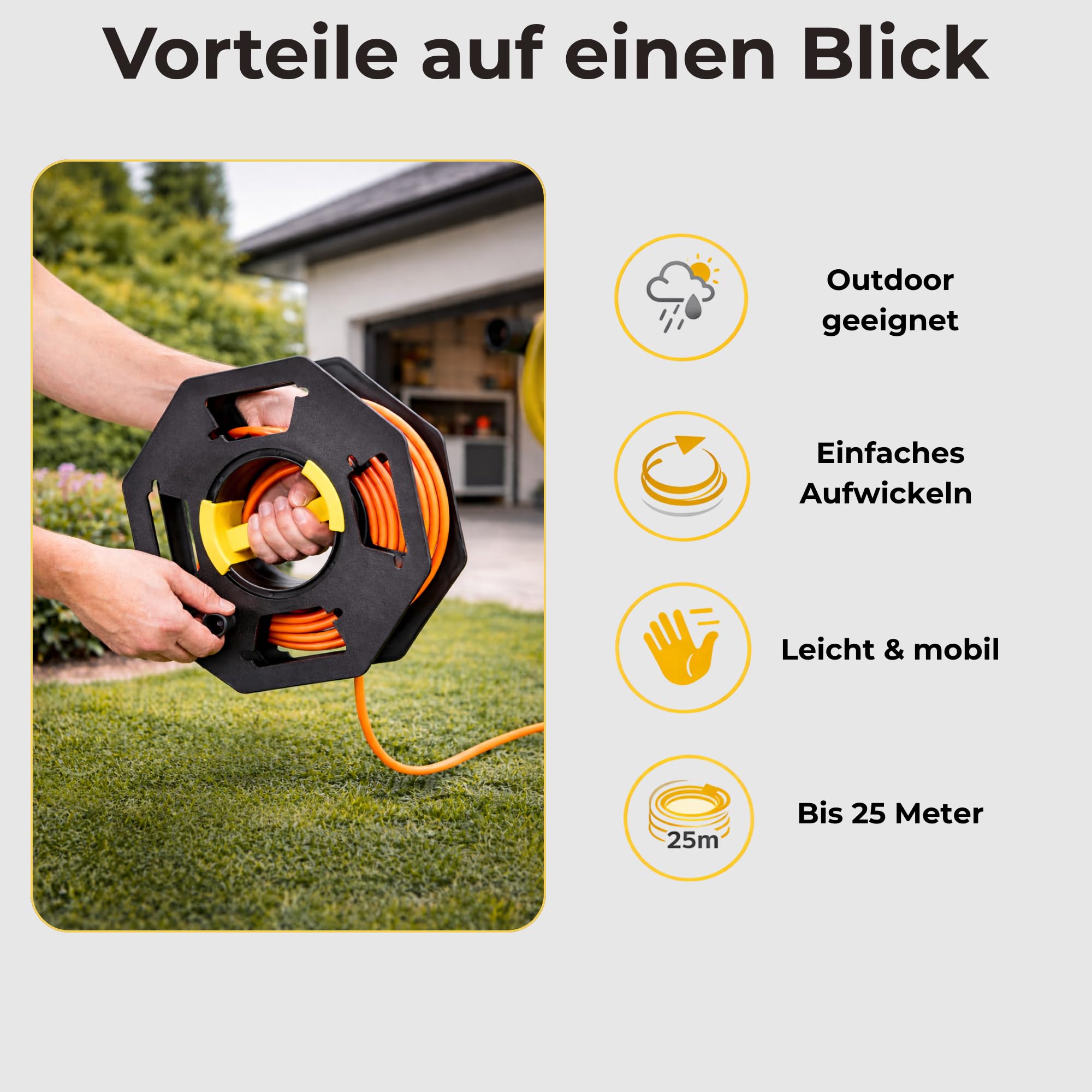 Kabeltrommel leer 25 m, leichte Handkabeltrommel mit Kurbel, Kabelaufroller für Verlängerungskabel, Camping, Wohnwagen, Garten & Gartenschlauch, mobile Kabelrolle zum Aufwickeln