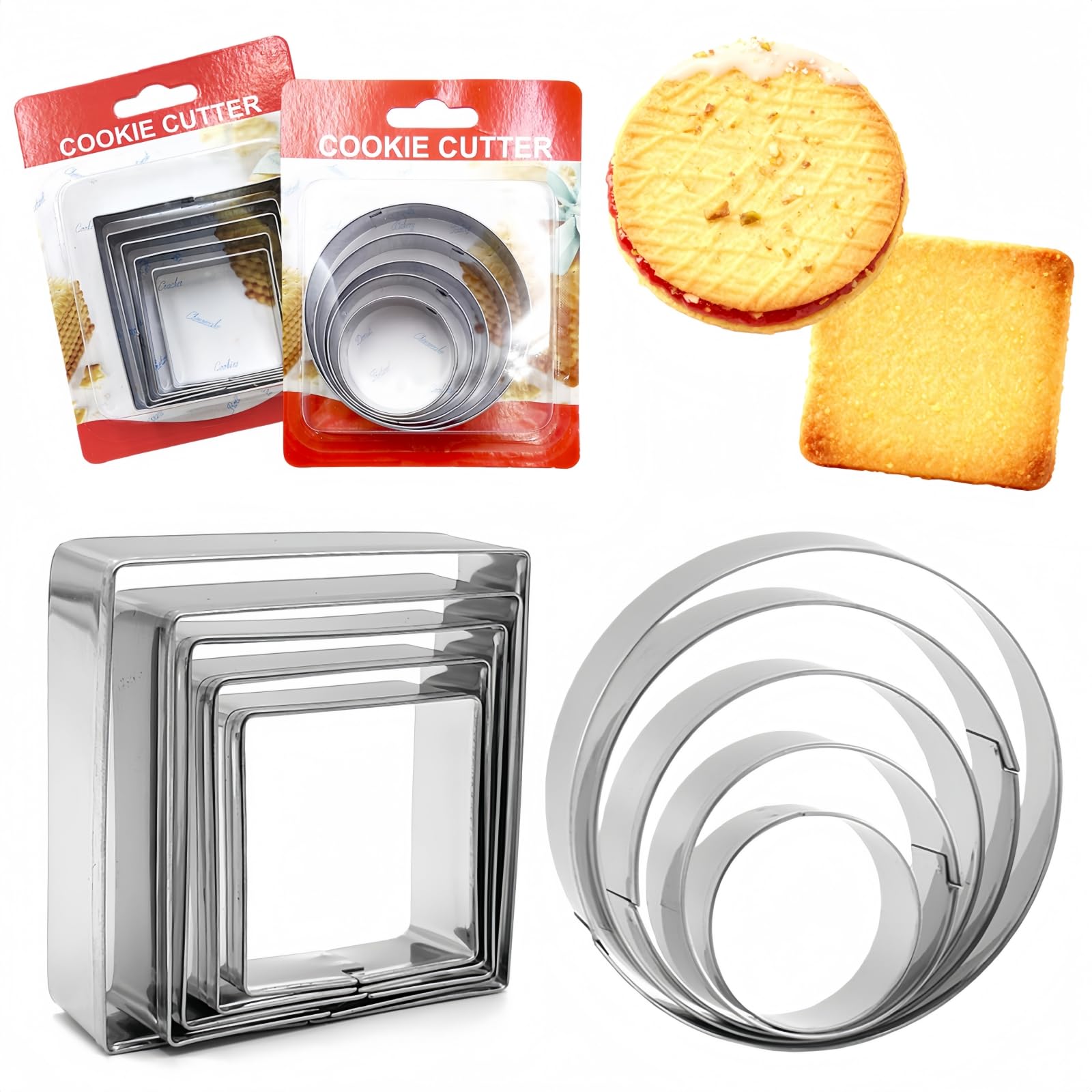 SamHeng Cookie Cutter Set,10 PCS Stainless Steel Biscuit Cutters Round and Square Shaped Cutters for Baking Biscuits Candy Cake, Birthday Christmas Valentine's Day Gift