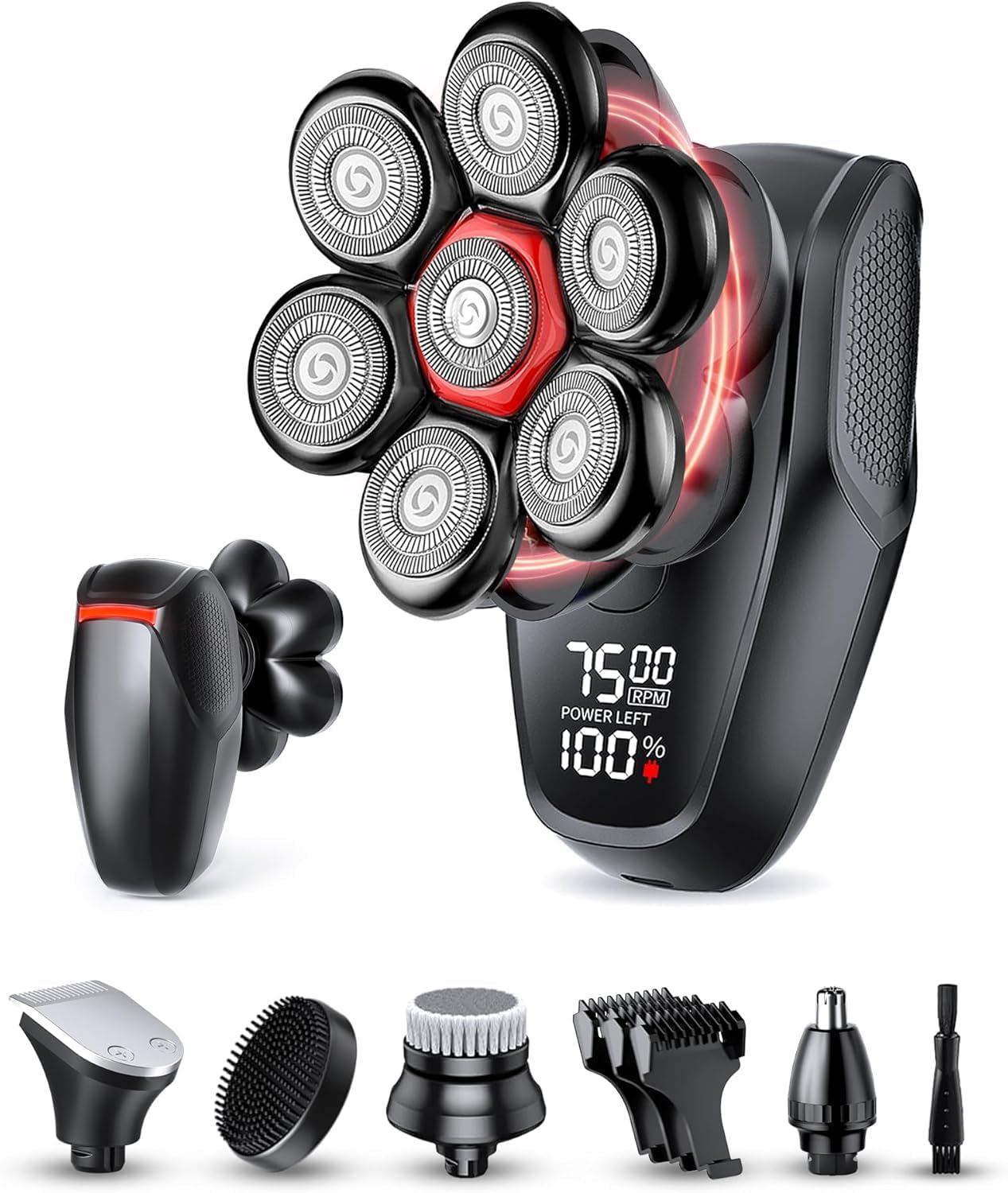 Rasoi per uomini calvi, kit 5 in 1 per toelettatura da uomo, durata 90 minuti, rasoio elettrico 7D a testa rotante, ricarica USB-C, impermeabile IPX8 bagnato/asciutto, festa del papà, nero