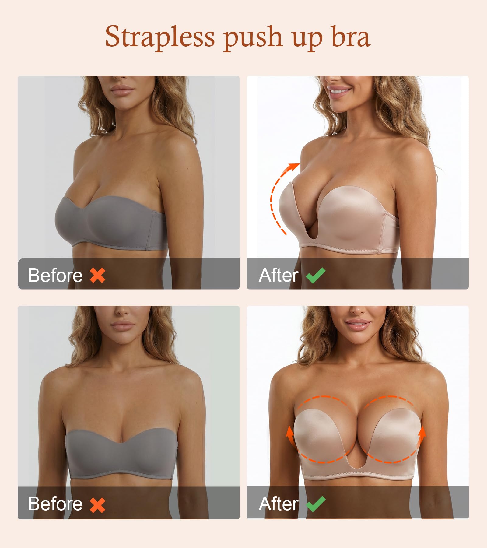 Lemorosy Soutien-gorge rembourré convertible push-up sans bretelles pour femme avec décolleté plongeant en V profond Rouge, nude, 95 B (Taille Fabricant:36B)