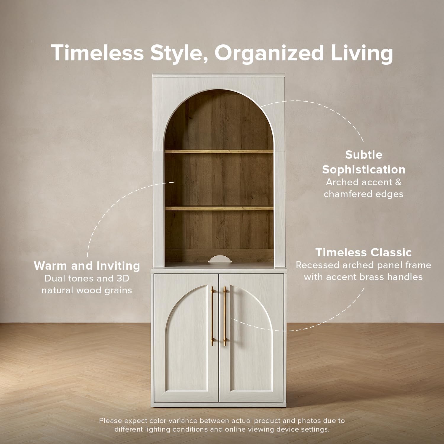 mopio Blake Tall Display Cabinet, Kitchen Buffet Pantry Cupboard, Trophy Display Case, Storage Cabinet Scratch Resistant Acrylic, Modern Farmhouse Curio Organizer (White Oak Arched Hutch, Single)