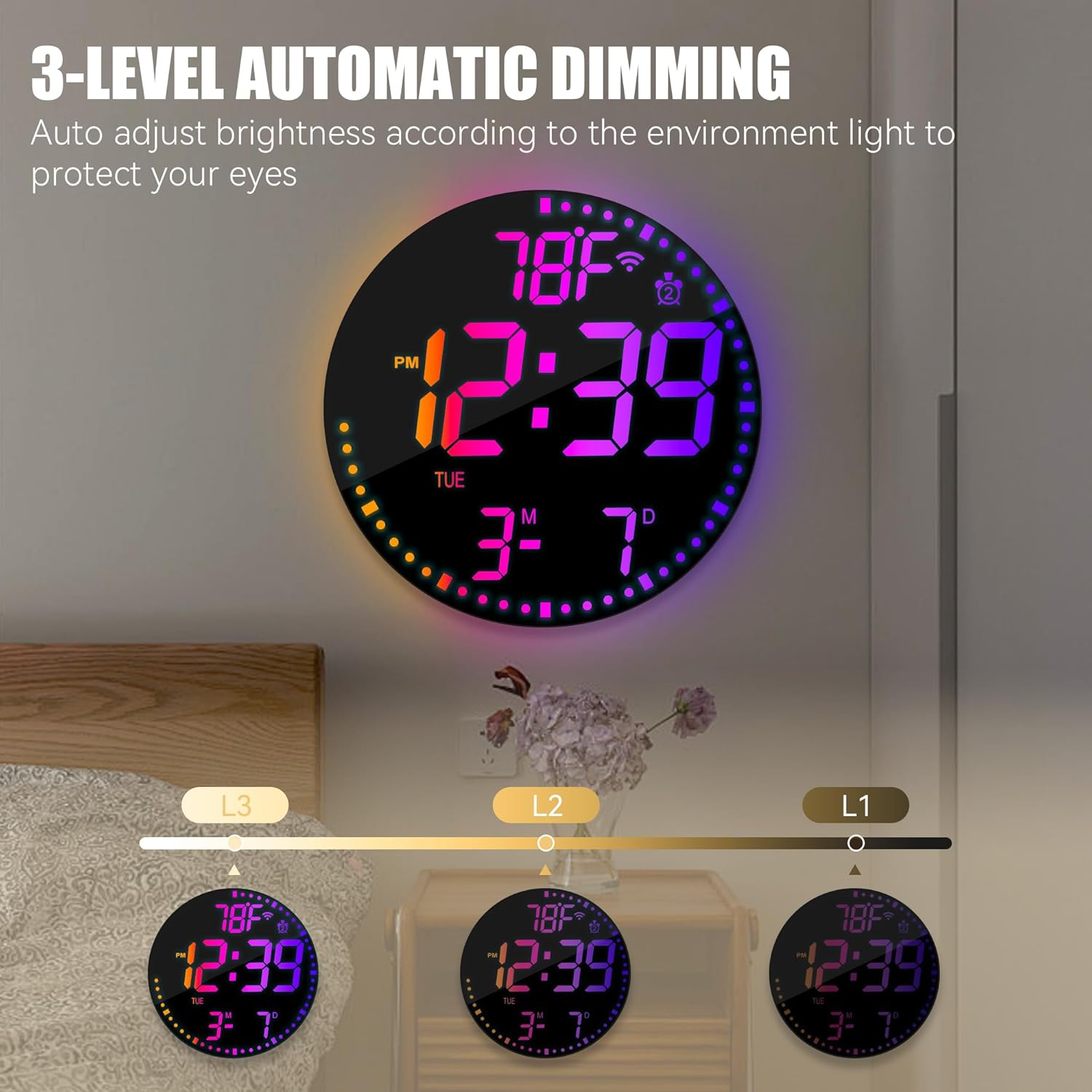 Kasbin 12” Digital Wall Clock with App Control, Large LED, WiFi Sync, Date Temperature, Auto Brightness, Seconds Display, Dual Alarm, 12 RGB Colors for Living Room, Office, Bedroom, Gift for Elderly