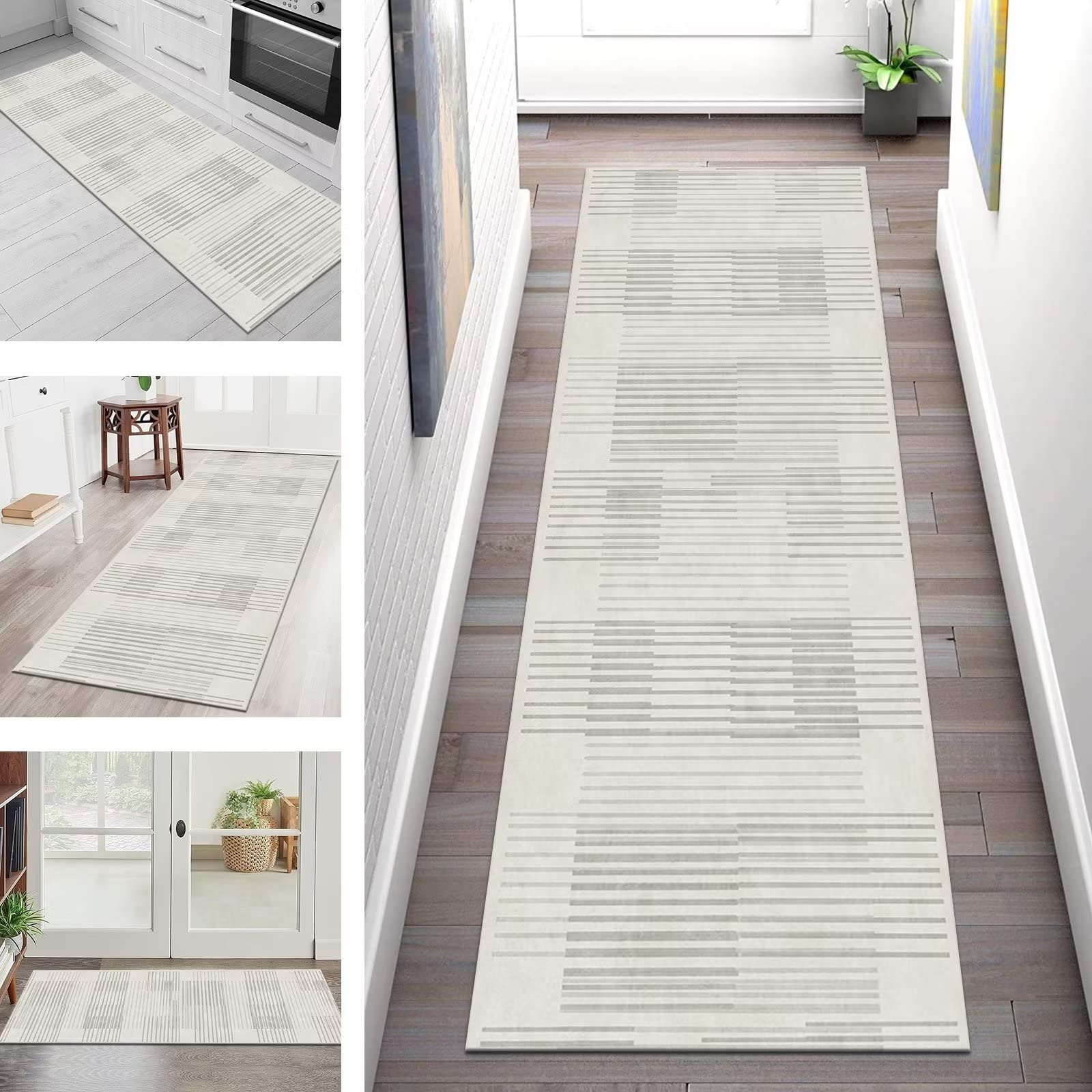 Tapis de couloir moderne 70x450 cm gris en polyester antidérapant pour salon et cuisine