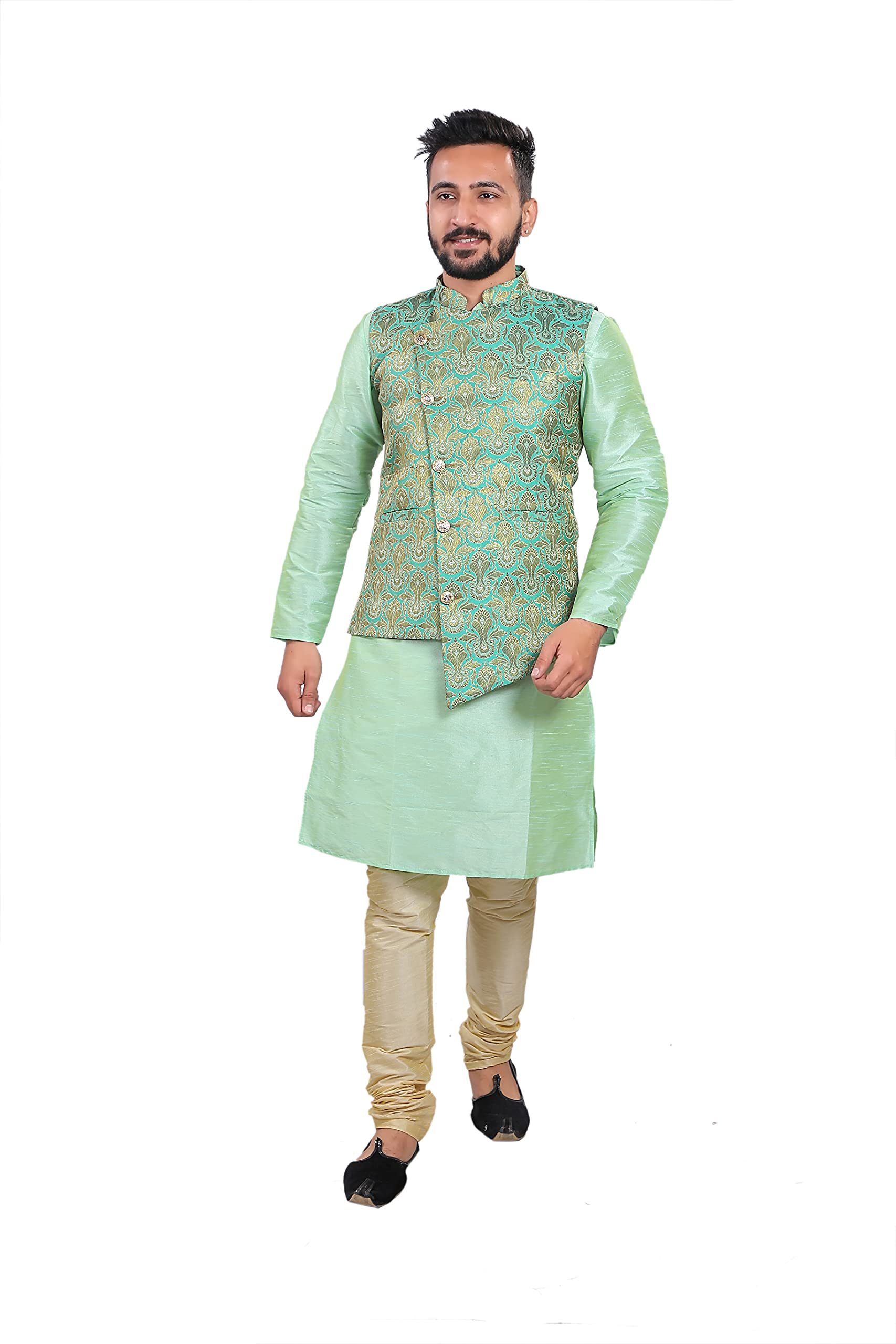 sadree Men's Silk Kurta Pyjama with Jacquard Nehru Jacket Set|Ceremonial wear Family Festival Casual wear Wedding|Modi Jacket with Kurta Pajama Set|Kurta Churidar Pajama with Jacquard Waistcoat Set-picture-42