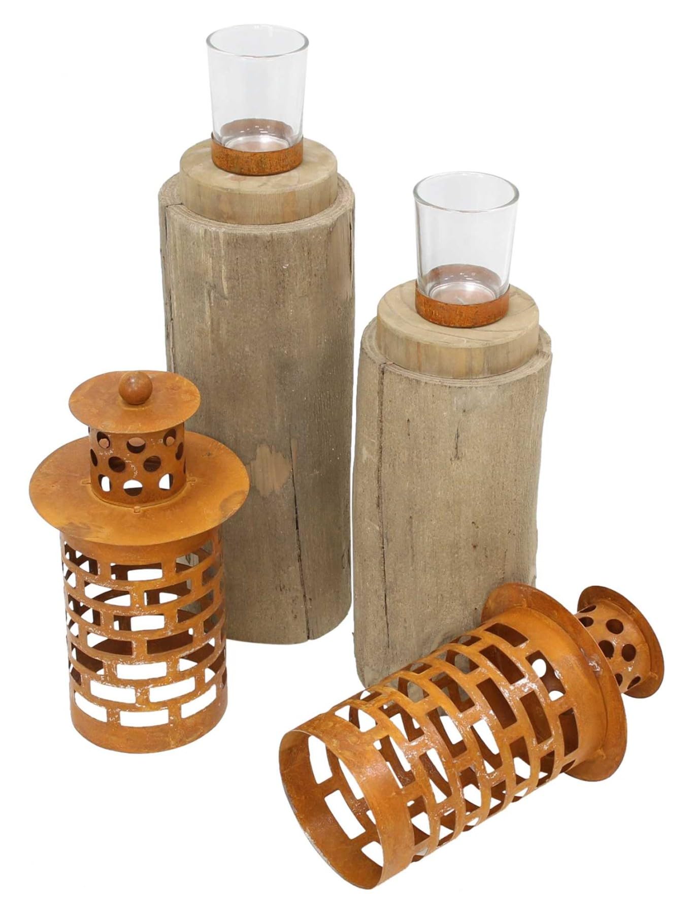 Dekoleidenschaft 2X Windlichtsäule Türmchen aus Holz & Metall in Rost-Optik, 43 + 50 cm hoch, Holzsäule, Kerzenhalter