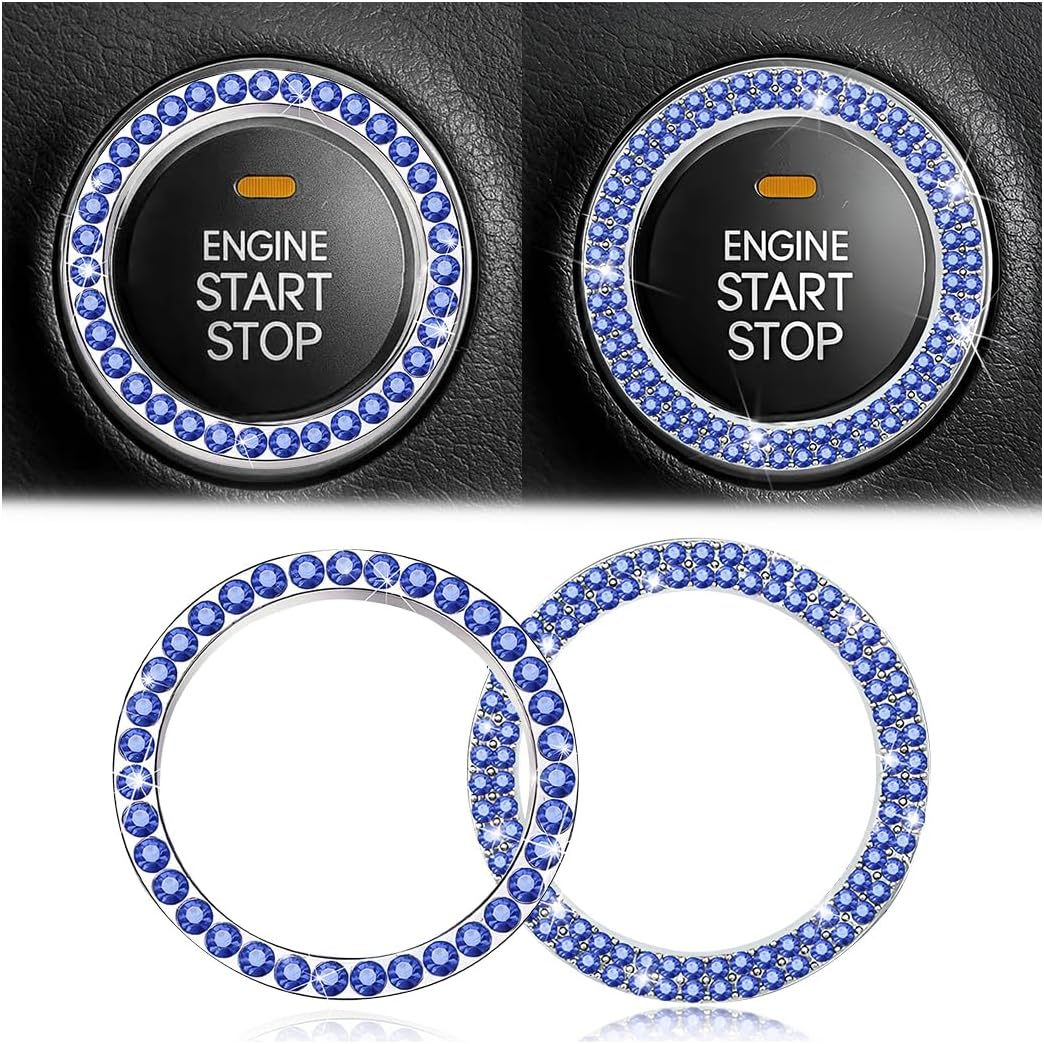 Car Bling Crystal Rhinestone Engine Start Ring Stickers, 1 Single Drainage Drill and 1 Double Drainage Drill Car Start Button Cover, Key Ignition Knob Bling Ring Decals, Car Accessories(Set Blue)