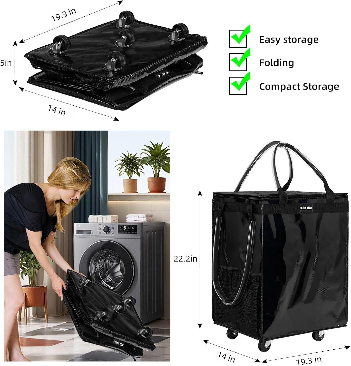 (Large, Black) Reusable Grocery Bag on 5 Wheels, Foldable Rolling Tote Carries Up to 76lb Shopping Trolley, Rolling Bag with 3 Handles, Zipper Clouser Rolling Tote Bag with Wheels for Laundry - Image 2