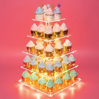 Antimbee 5 Tier Cupcake Stand, Clear Acrylic Cupcake Holder - Square Tower Display for Dessert Table + LED Light String, Cupcake Stand for Weddings/Birthday Party/Anniversary/Party Events/Get-Together