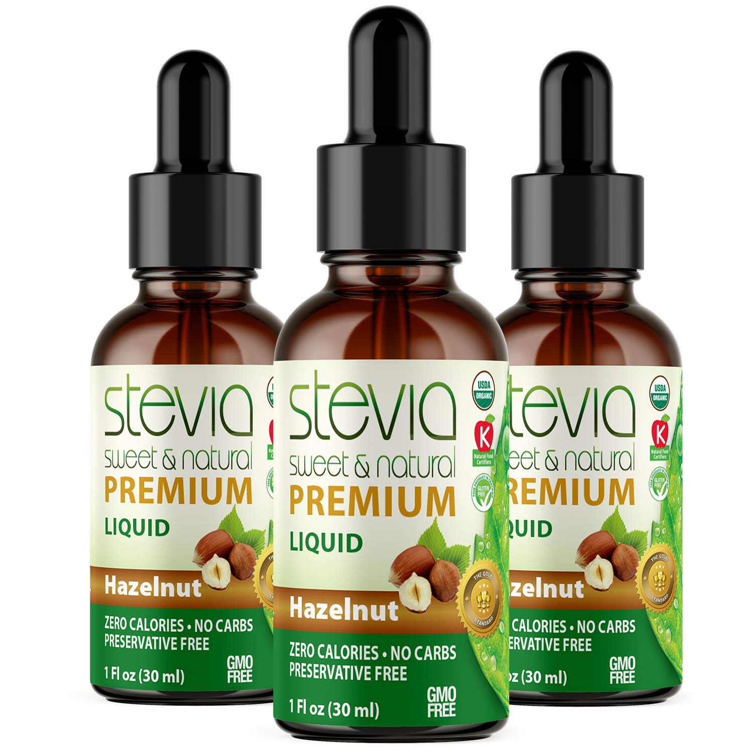 Hazelnut Premium Quality Stevia Drops. Organic Liquid Stevia, Sugar Substitute, Naturally Sweet, Non-Bitter, 0 Calorie, 0 Carb, NON-GMO, Diabetic & Keto Friendly (1oz) Glass Bottles (Pack of 3)