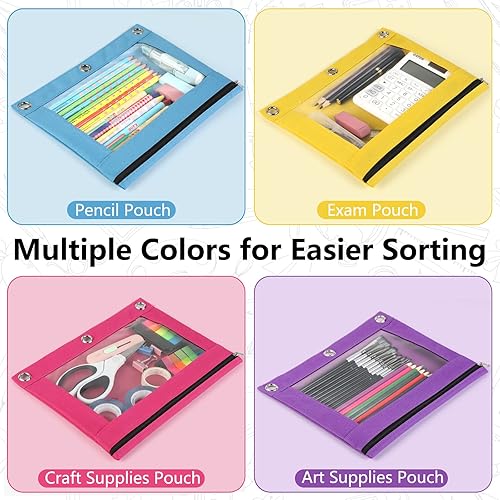 Miniatura 7 de Forvencer Paquete de 6 bolsas para lápices para carpeta de 3 anillas, cremallera suave de 3 anillos, estuche multicolor para carpeta, bolsa para