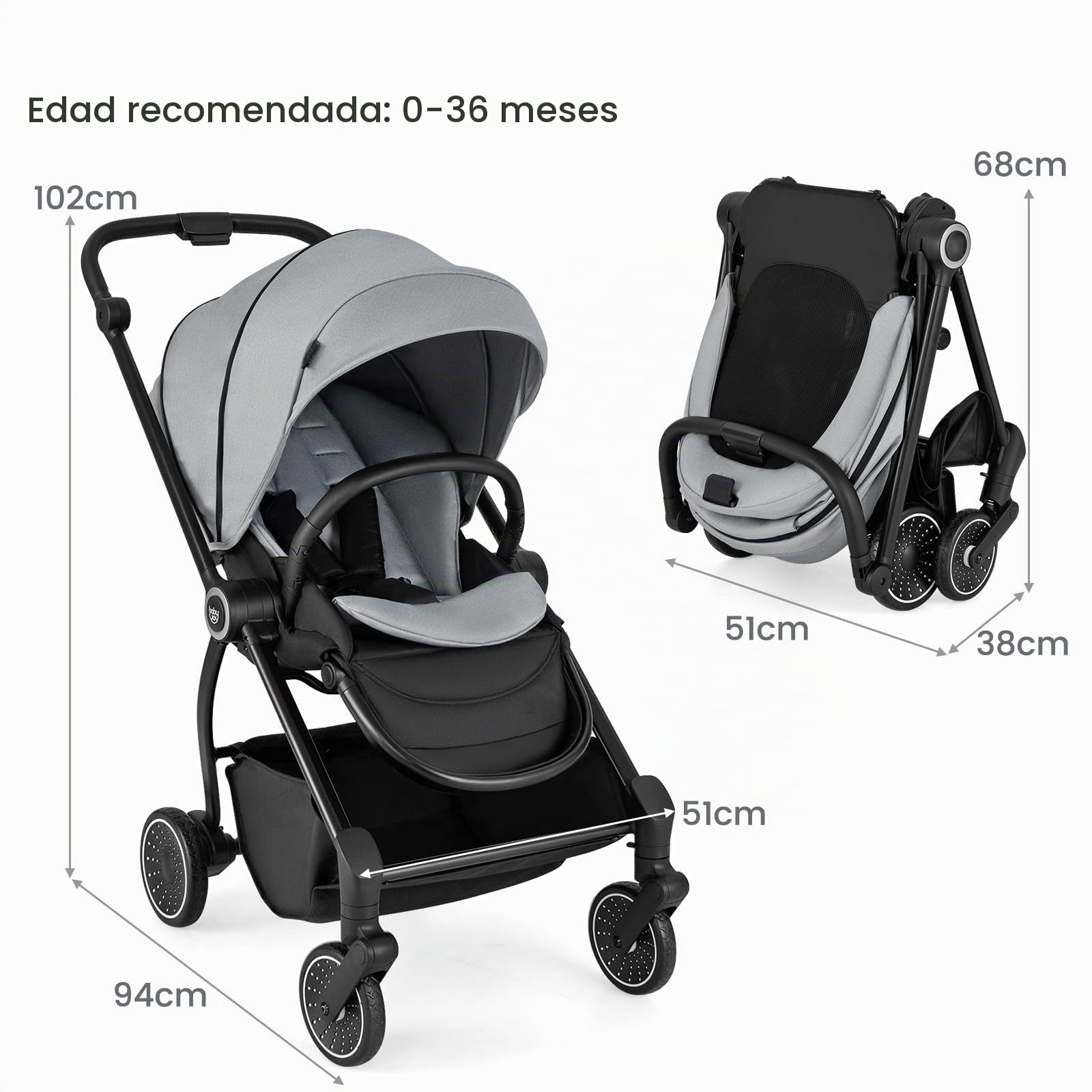 LIFEZEAL Cochecito ligero para bebé de 0 a 36 meses, Silla de Paseo plegable con capacidad de 30 kg, compacto tipo paraguas para viajes en avión, respaldo ajustable (Gris)