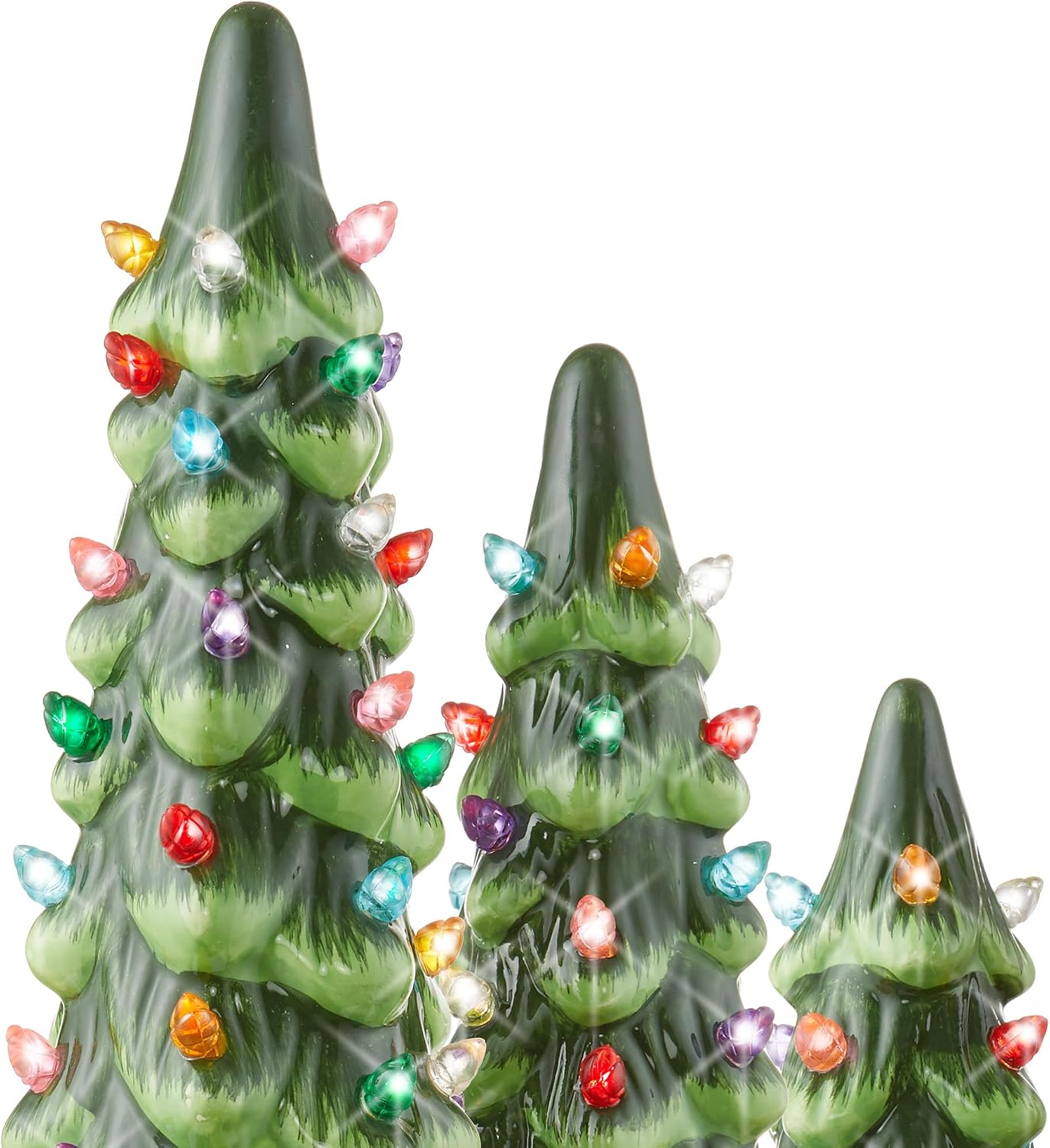 Casafield Set of 3 Hand Painted Ceramic Christmas Tree - Green Pre-Lit 8, 10, 12-Inch Trees with Multi Color Lights