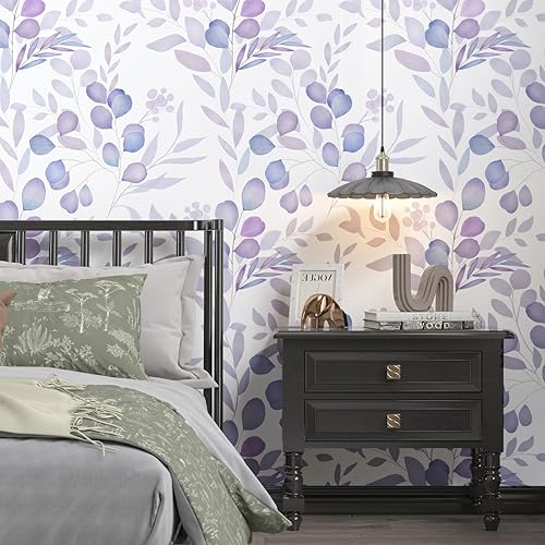 Miniatura 5 de VOLEAAR Papel de contacto morado claro, papel tapiz botánico para despegar y pegar, papel de pared de hojas florales, fácil de cortar, vinilo