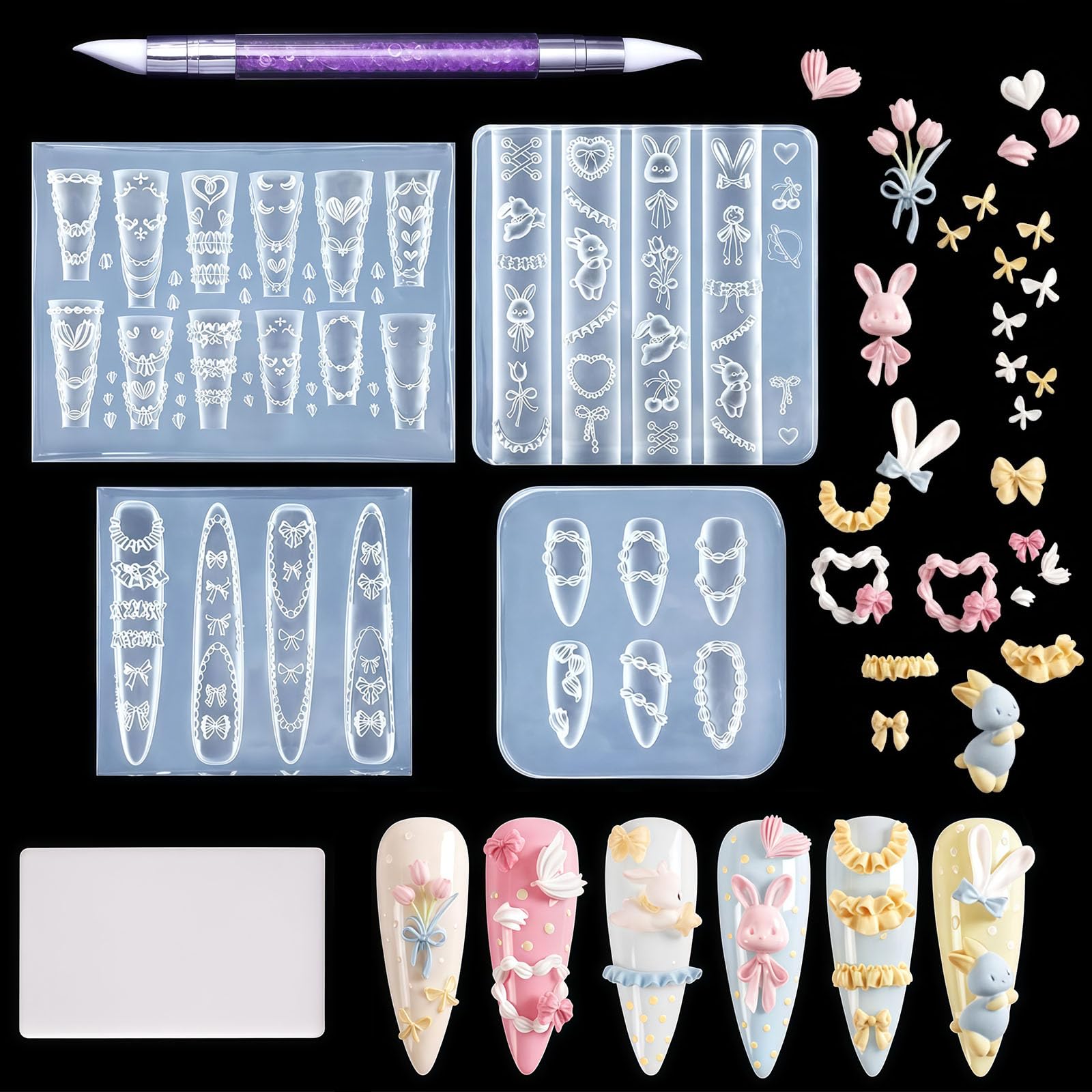 Moldes para Uñas 3D Gel Nail Art Set 4 Piezas Silicona Plantillas de Estampado