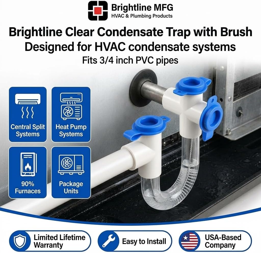 Brightline MFG 3/4 Inch PVC Condensate Drain Trap – Clear U-Trap with Cleaning Brush for HVAC & Air Conditioner Systems, Easy-Install Standard P-Trap for Mini Splits & Air Handlers, 1-Pack