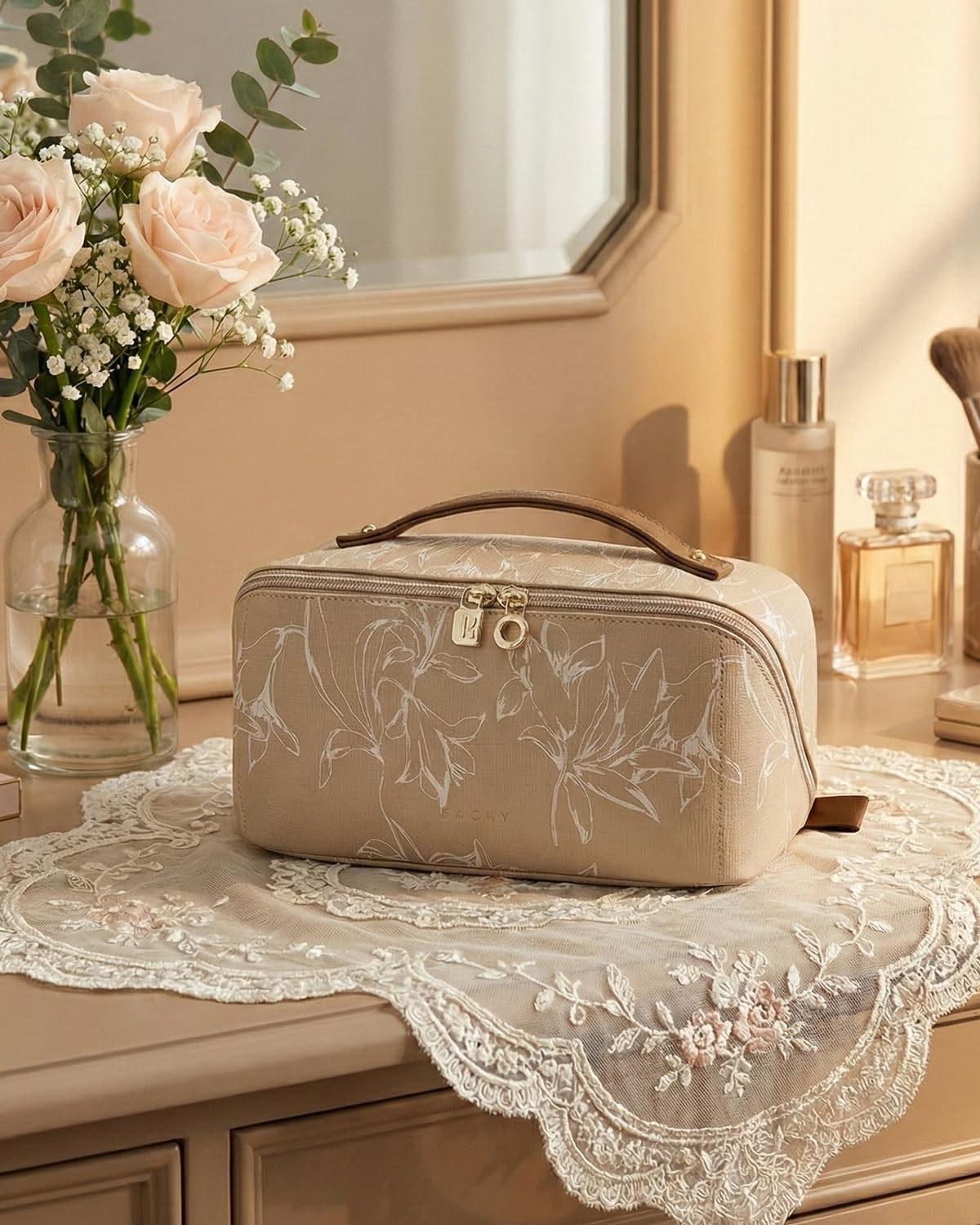 EACHY Travel Makeup Bag, Large Capacity Cosmetic Bags for Women, Waterproof Portable Pouch Open Flat Toiletry Bag Pattern Makeup Bag (F-Brown) - Image 9