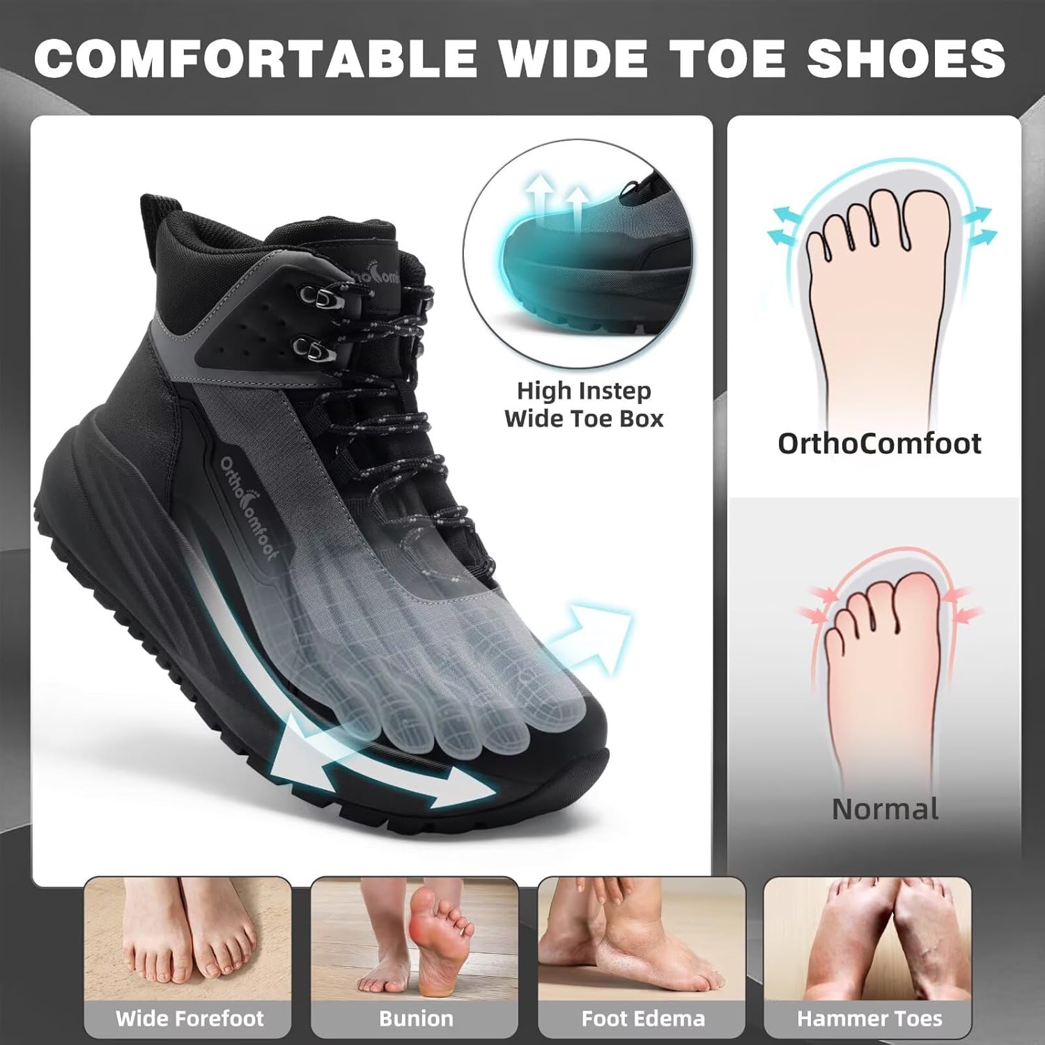 Men's Orthopedic Wide Waterproof Hiking Boots: Comfortable Plantar Fasciitis Diabetic Arch Support Trekking Walking Shoes, Orthotic Non Slip Outdoor Adventures Mid Ankle Boots for Foot and Heel Pain - Image 4