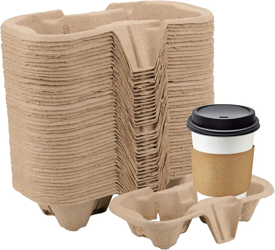 HOZEON 100 Pack 2-Cup Pulp Fiber Drink Carrier, to Go Coffee Cup Holder, Disposable Drink Carrier Tray for Hot or Cold Drinks, Coffee Shops, Takeaway Shops, Restaurants,Grocery Stores, Juice Bars
