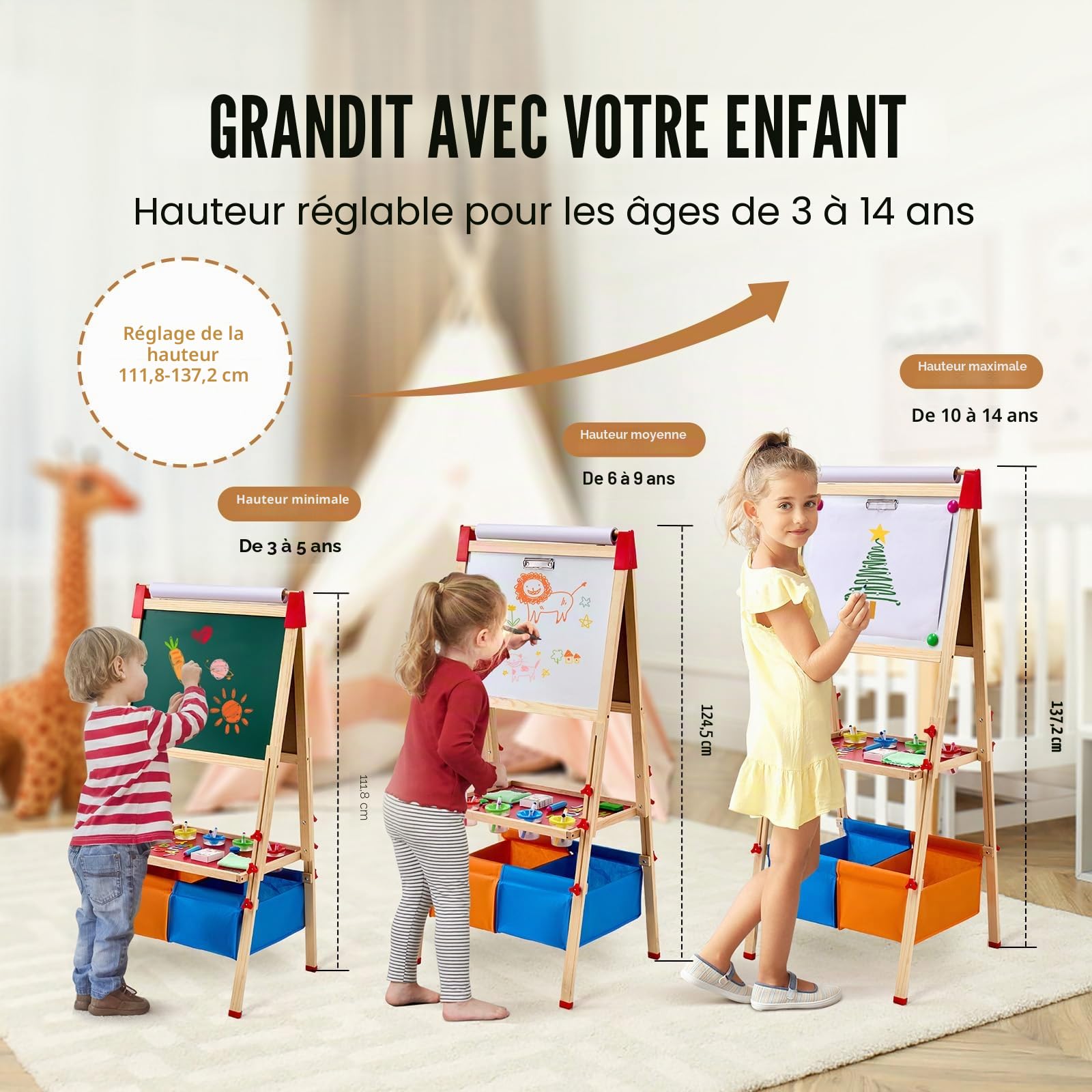 VEVOR Chevalet d'Art Enfants 3-en-1 Tableau Magnétique Blanc Noir Double Face, Planche à Dessin Bois Debout Réglable, Accessoires, Rangement, Support Rouleau Papier, pour Créativité, Garçons, Filles
