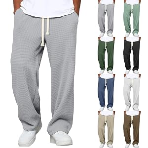 Mens Baggy Sweatpants Big and Tall Straight Leg Lounge Sweat Pants Waffle Elastic Waist Drawstring Athletic Pants with