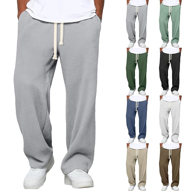 Mens Baggy Sweatpants Big and Tall Straight Leg Lounge Sweat Pants Waffle Elastic Waist Drawstring Athletic Pants with