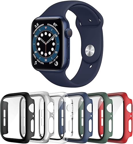 Paquete de 6 fundas para Apple Watch Series 8 7 de 1.61 pulgadas (1.614 in), protector de pantalla con vidrio templado, policarbonato duro HD,