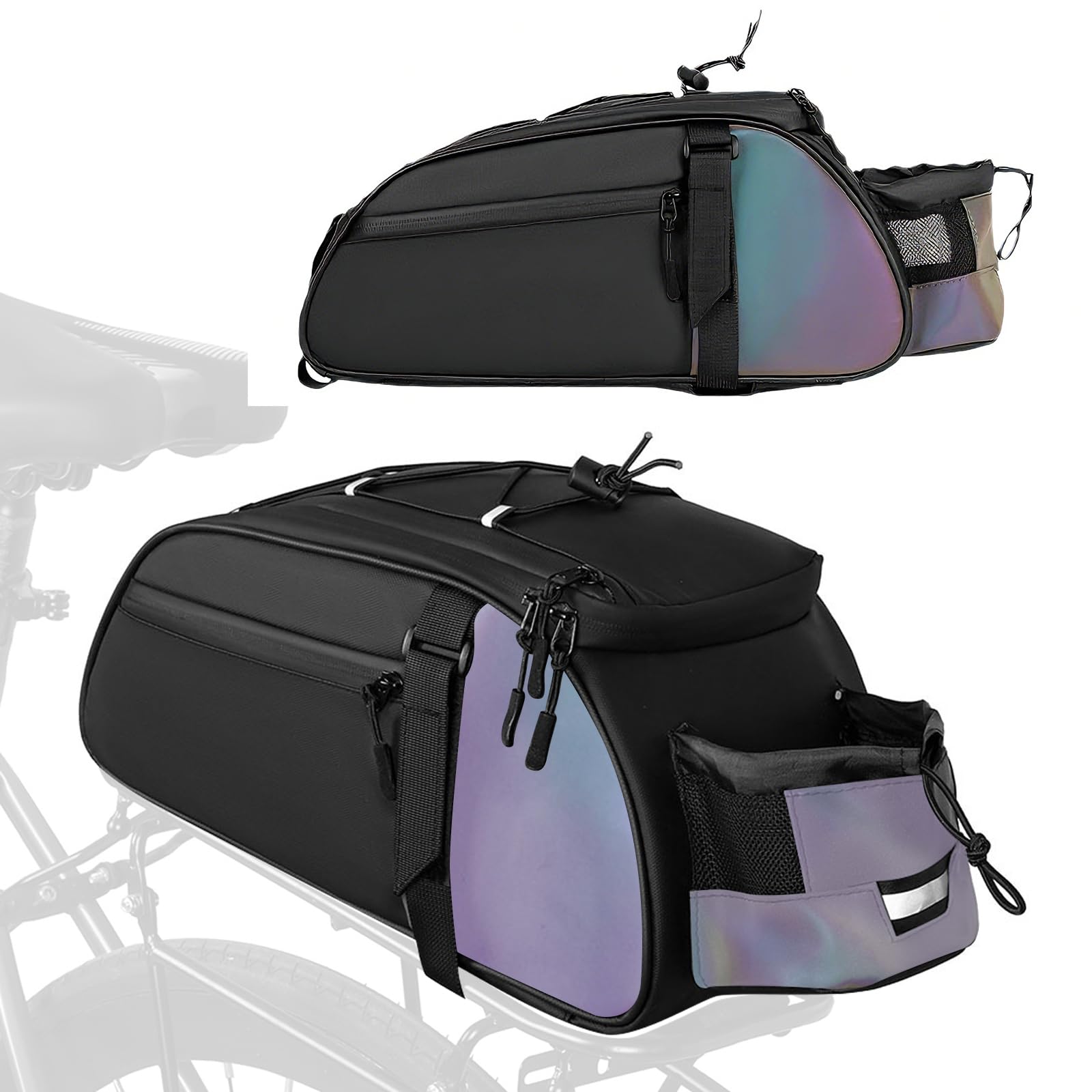 ROADNADO Bike Rack Bag with Shoulder Strap 8L Waterproof Reflective Bike Bags for Bicycles Rear Rack with Water Bottle Holder Ebike Panniers Trunk Saddle Bags for Commuting Travel (Iridescence)