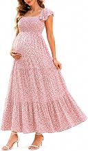 Pinup Fashion Maternity Baby Shower Dress Photoshoot Pregnancy Maxi Dress | Smocked top, breathable soft fabric, flutter cap sleeves, tiered A-line skirt, spring summer casual wear，postpartum