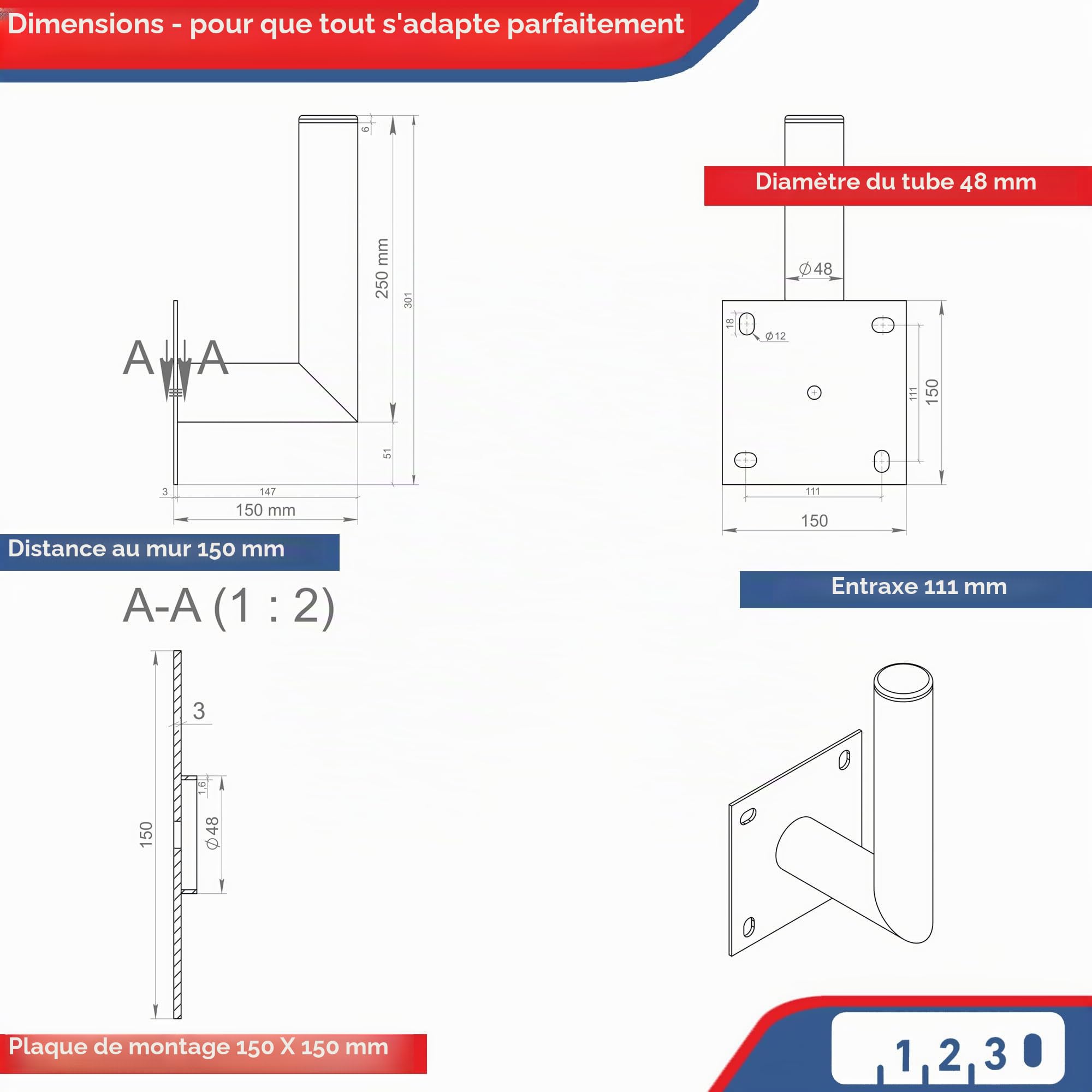 PremiumX 10-15 cm Support mural d'angle en acier galvanisé pour antenne satellite, parabole parabolique Montage mural Distance au mur 100-150 mm Ø 48 mm