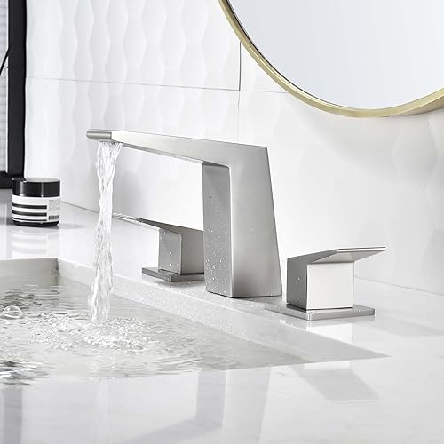 Miniatura 8 de Grifo de baño en cascada, acero inoxidable de 3 agujeros, montaje generalizado, níquel cepillado, 2 asas, drenaje desplegable y líneas de suministro