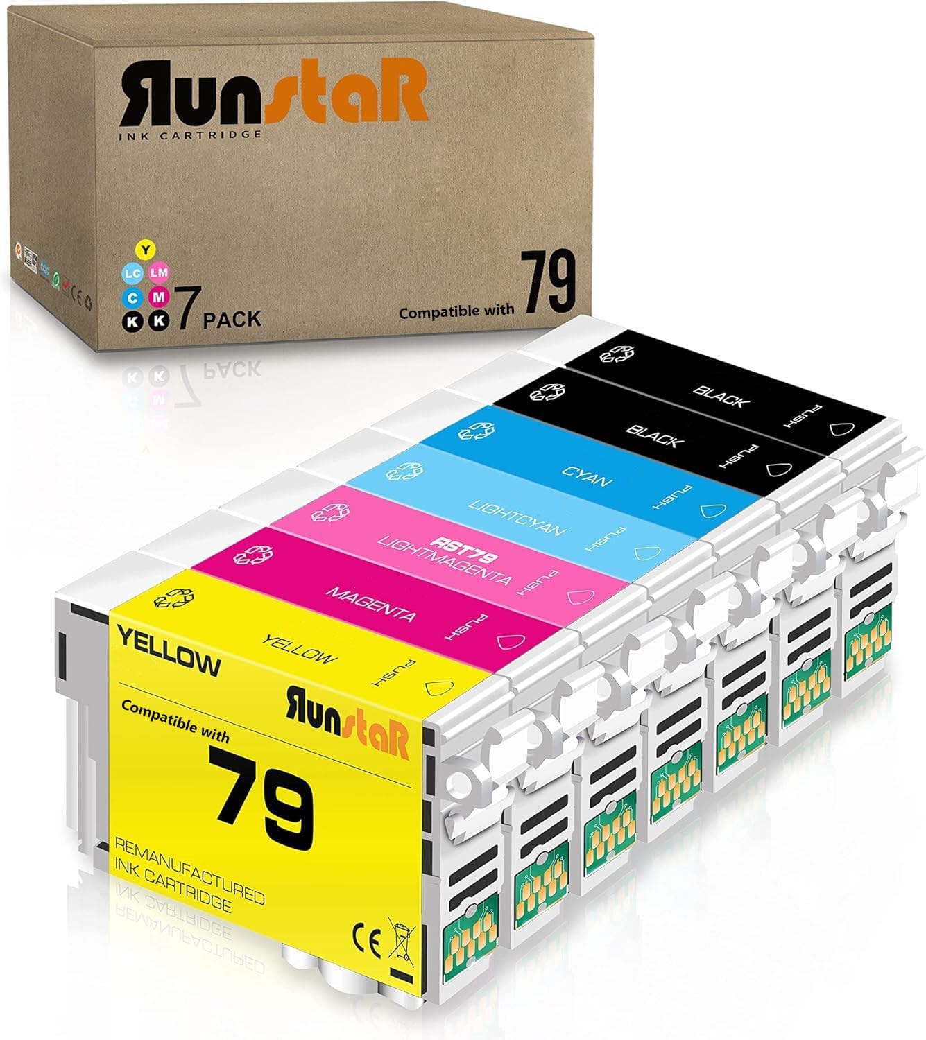 Run Star Remanufactured for 79 T079 Ink Cartridge Replacement for 79 T079 T079120 use with Epson Artisan 1430 Stylus Photo 1400 Printer (7 Packs; 2 Black/Cyan/Yellow/Magenta/Light Cyan/Light Magenta)
