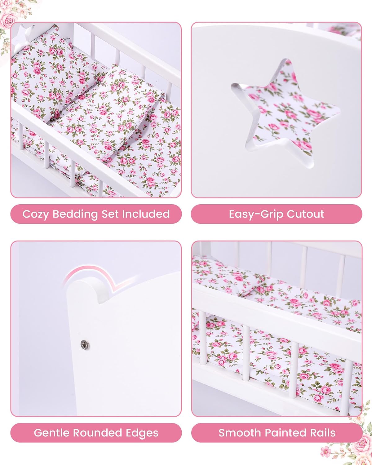 BABESIDE 4 Pcs Baby Doll Crib Set for 12-16 Inch Babydolls, White Wooden Doll Bed with Pillow & Blanket, Wooden Dolls Cradle and Baby Doll Accessories for Kids Pretend Play