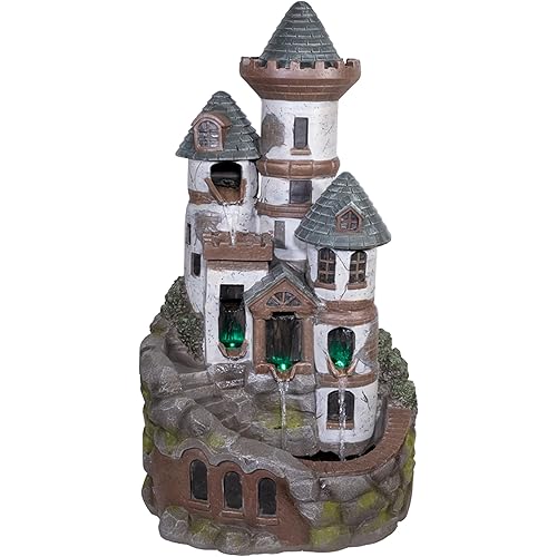 Alpine Corporation USA1368 Outdoor Floor Tiered Fairy Castle Water Fountain with Color Changing LED Lights, 35", Brown
