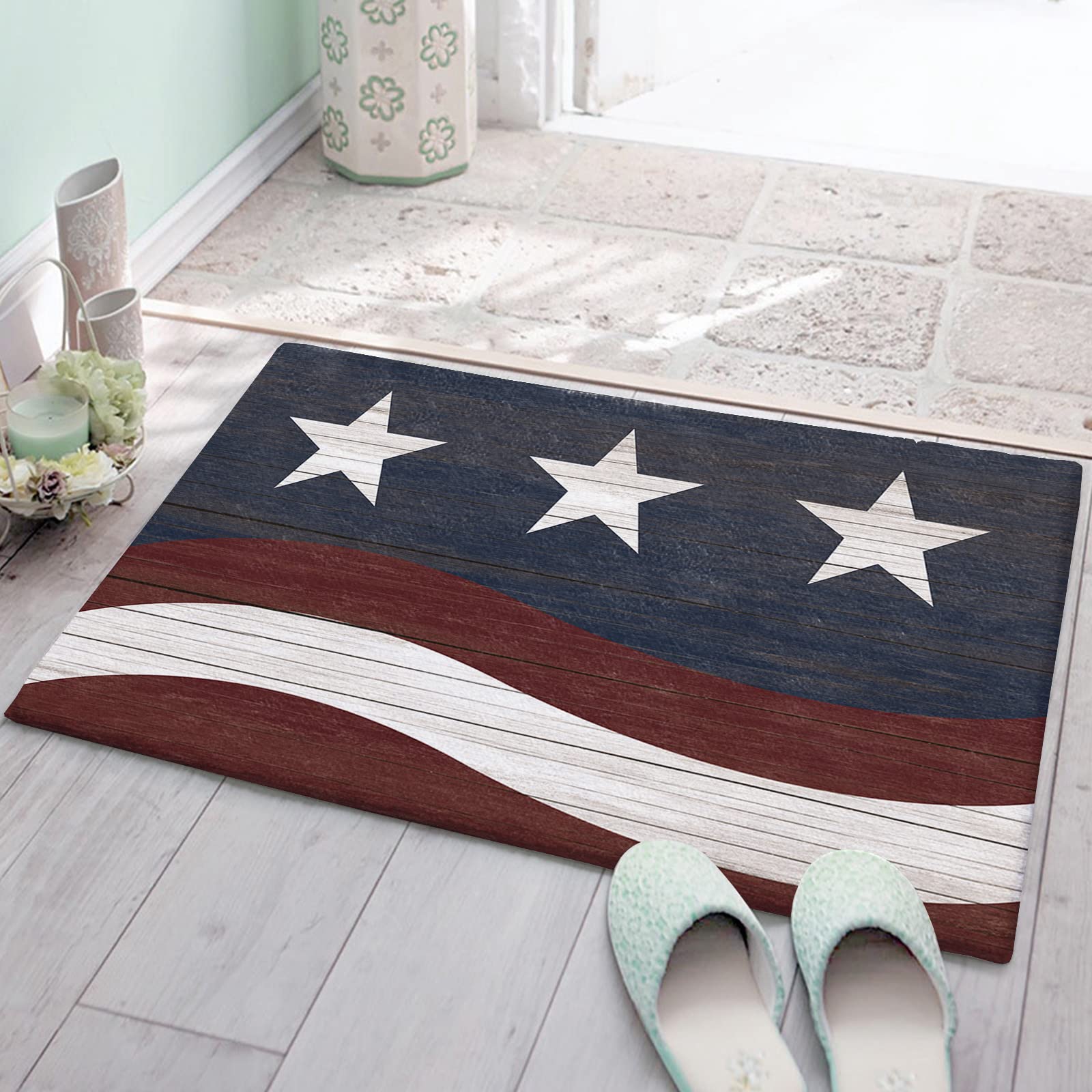 Plush Rug Non Slip Bath Mat, 4th of July American Star Soft Shaggy Long Fur Fuzzy Bath Rugs Carpet Mat for Bathroom Shower Home Independence Day Vintage Country Star16 x24