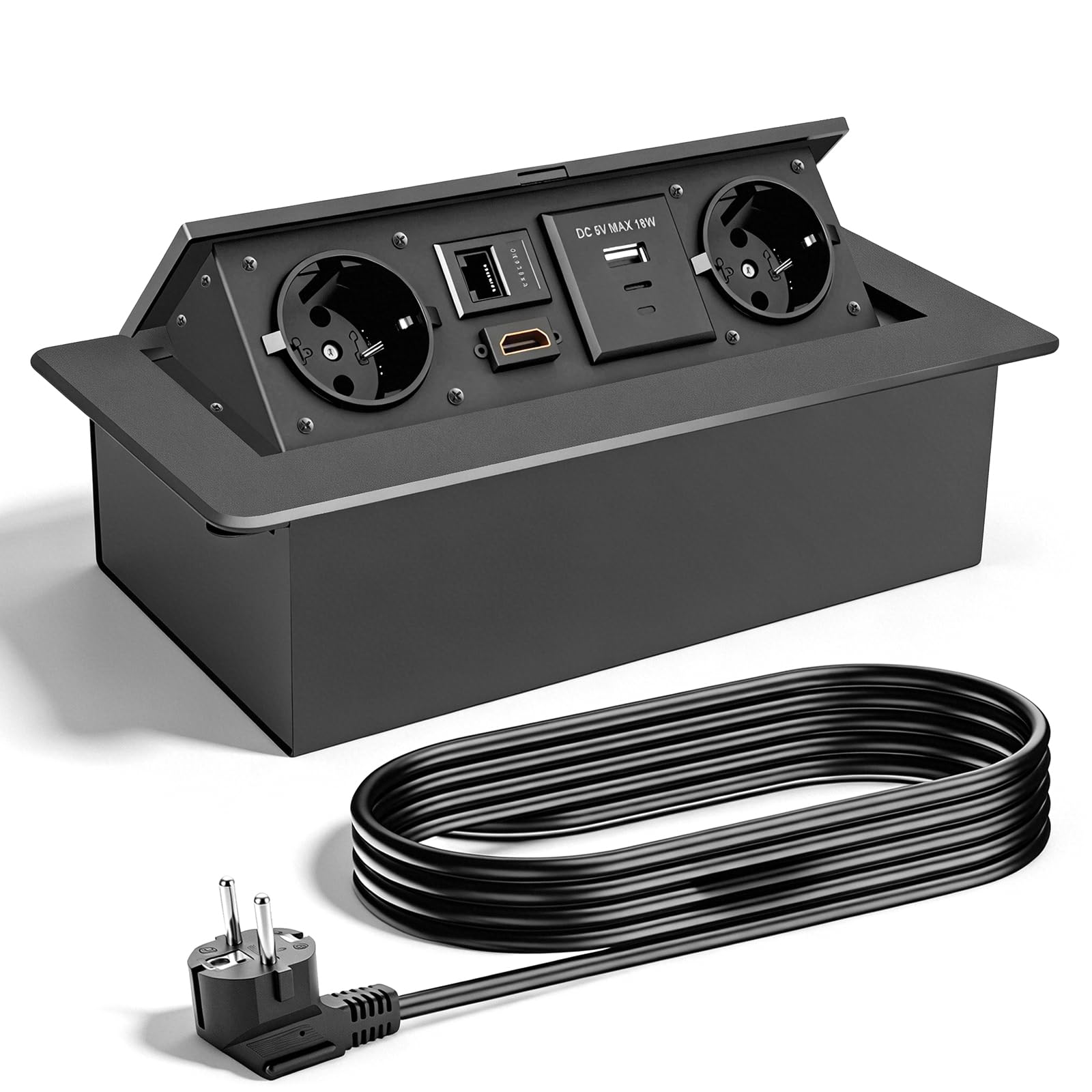 Prise escamotable avec couvercle, 2 prises Schuko, USB-A & USB-C, connecteur RJ45 et HDMI 2.0, câble de 1,5 m, idéal pour bureau, table de conférence, cuisine et bureau à domicile