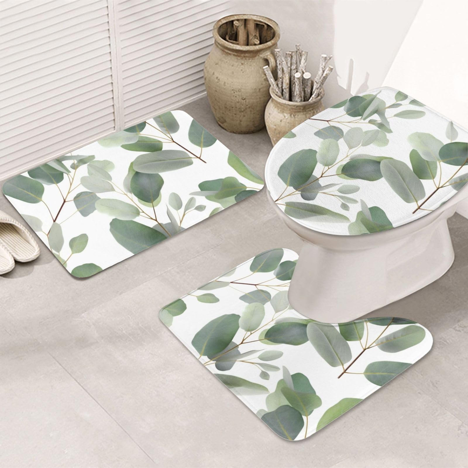 Tapis de bain en microfibre motif eucalyptus avec contour et housse WC