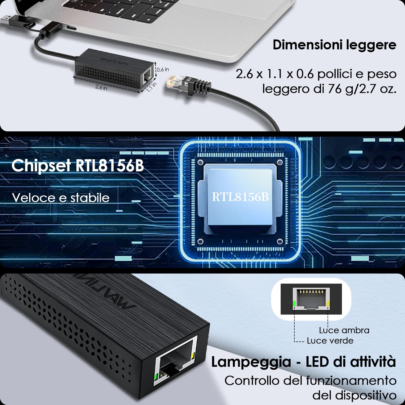 WAVLINK Adattatore USB C a Ethernet, 2.5G USB LAN, compatibile con laptop, PC con Windows 7/8/10, XP, Vista, Mac OS 10.6 o superiore